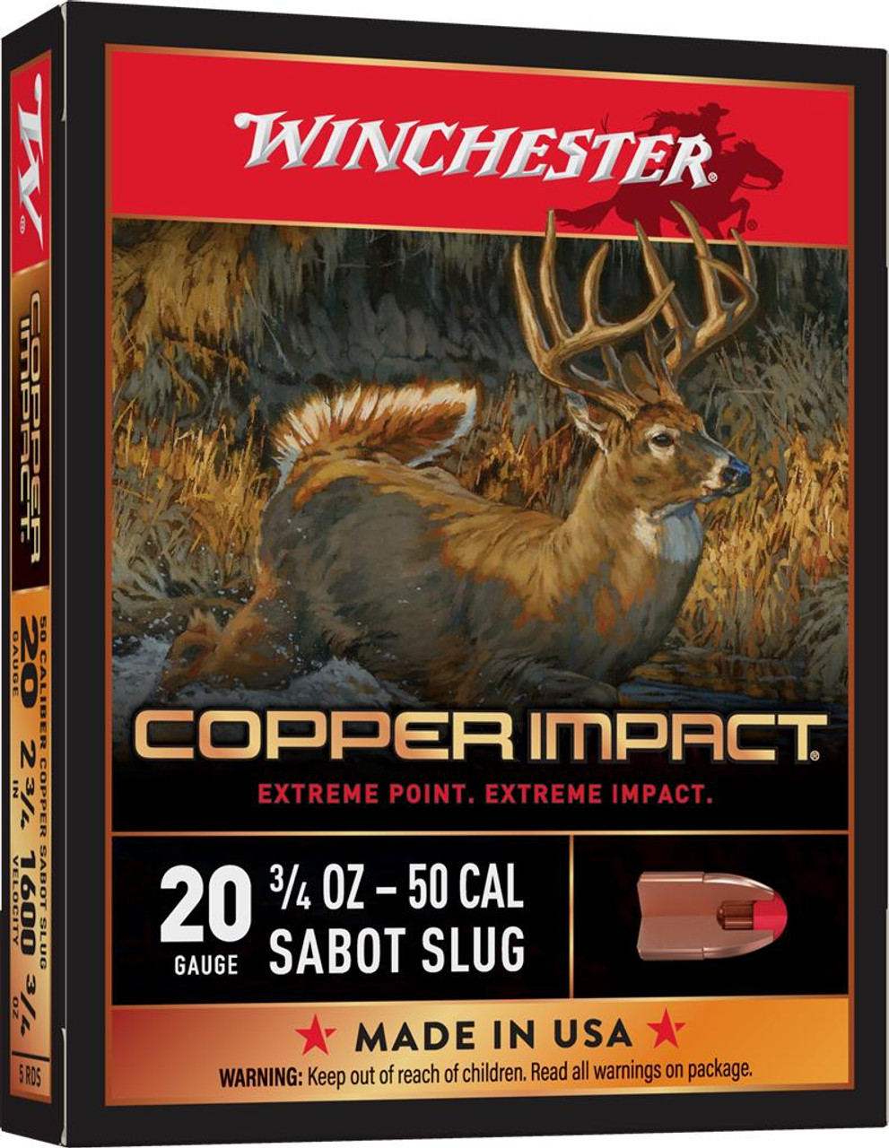 Winchester Copper Impact Ammunition 20 Gauge 2-3/4″ 3/4 oz Copper Extreme Point Sabot Slug Lead-Free Box of 5