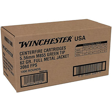 Winchester 5.56 NATO 62GR WM8551000 M855 FMJ Green Tip Case of 1000 Rounds