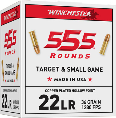 Winchester 22LR555HP USA 22 LR Ammo 36 Grain Copper Plated Hollow Point (CPHP) - 555 Round Box