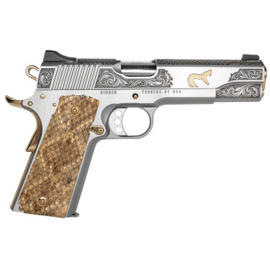 Cnc Firearms CNCRATTLER Kimber 1911 Rattler Sports South Exclusive 45 ACP Stainless Barrel, Stainless w/Gold Plating Steel Engraved/Serrated Slide & Frame w/Beavertail, Genuine Snakeskin Grip