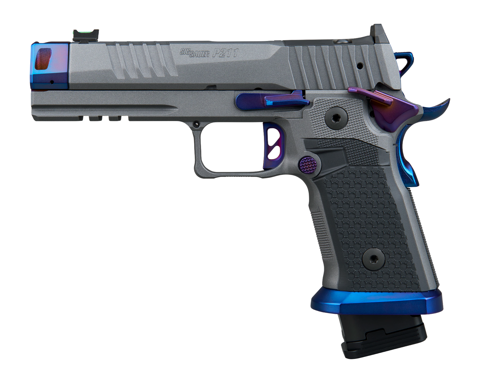 Sig Sauer P211 "Night Shift" Pistol 211F9GTOBLUE, 9mm, 4.4" Bull Barrel, Custom Hogue Alloy Grips, MACH3D Compensator, Platnium Cerakote, Burnt Titanium PVD Controls, 21 Rds