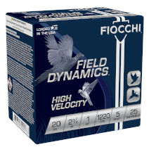 Fiocchi Upland Game Field Dynamics High Velocity 20ga 2-3/4″ 1oz. 1220FPS #5 25rd Box #20HV5