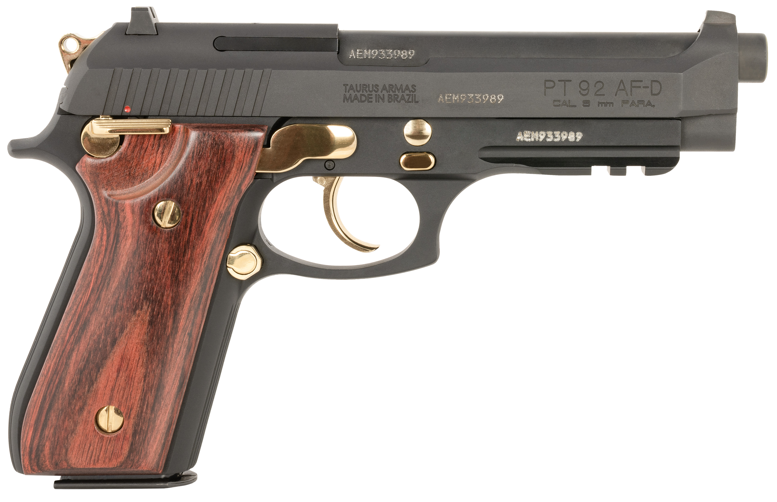 Taurus 92 Pistol 1-920151GLD-HW1, 9mm, 5in, Wood Grips, Matte Black w/Gold Accents Finish, 17 Rds