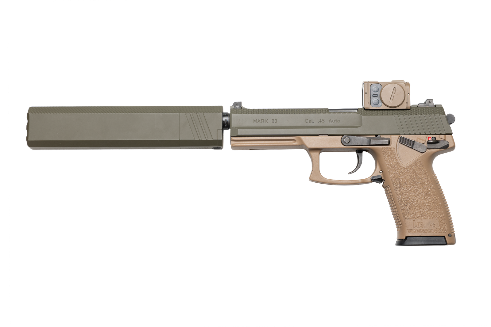 Custom & Collectable Heckler & Koch Mark 23 "Bellum" Pistol CNCHKMK23ODG, 45 ACP, 5.87 in, FDE Grip, OD Green Diamond Engraved Slide, w/Aimpoint ACRO & SilencerCo Osprey 45 Suppressor, 12 Rd