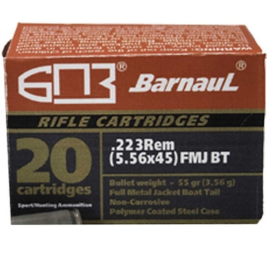 Barnaul .223 Remington FMJBT55 55GR Bi-Metal Jacket FMJ with Polycoated Steel Case 20 Rounds