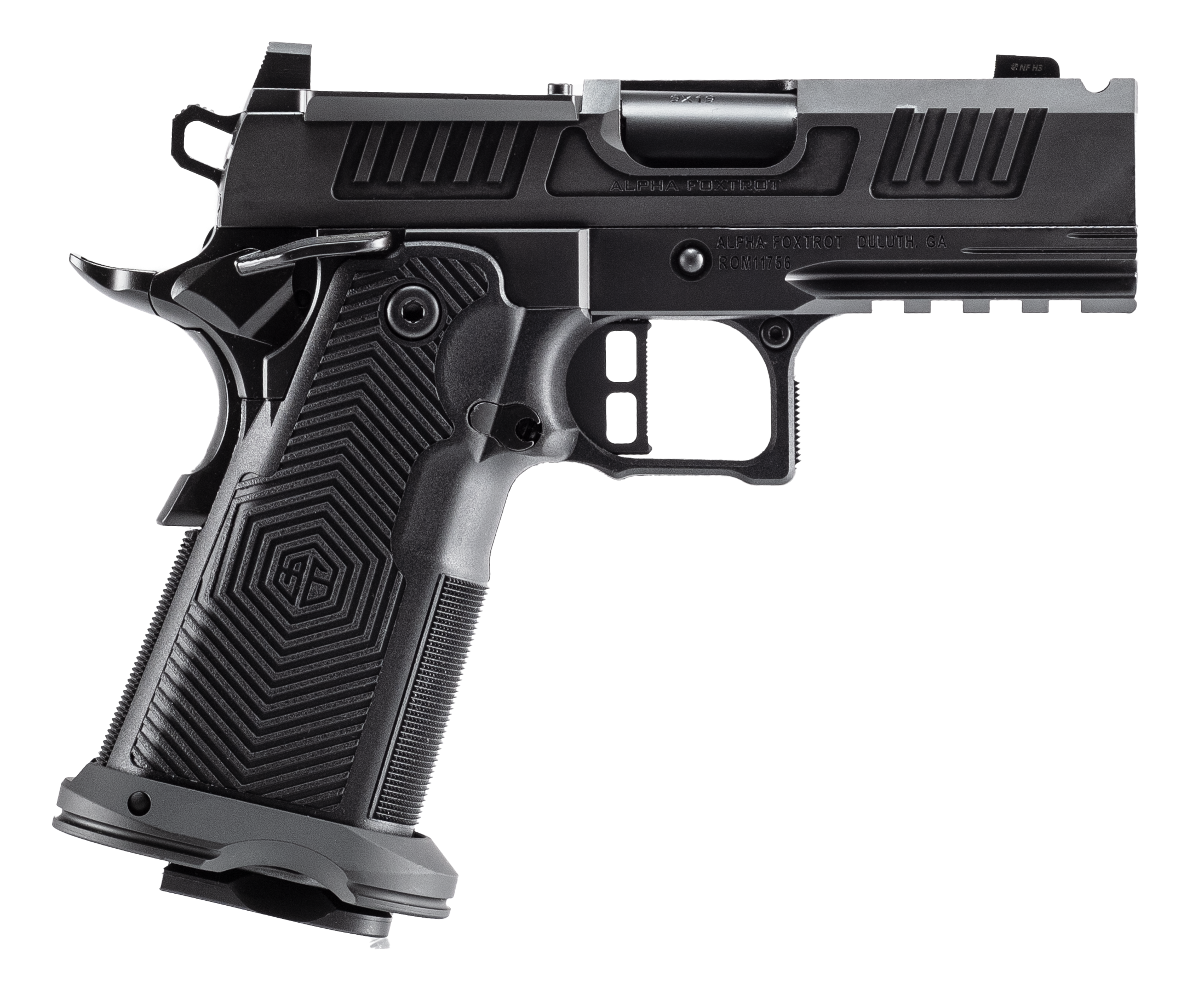 Alpha Foxtrot AF1911 Romulus Optic Ready Pistol AA39X1QIH-XDBK19, 9mm, 3.50in, Black Textured Grips, Black DLC Finish, 20 Rds