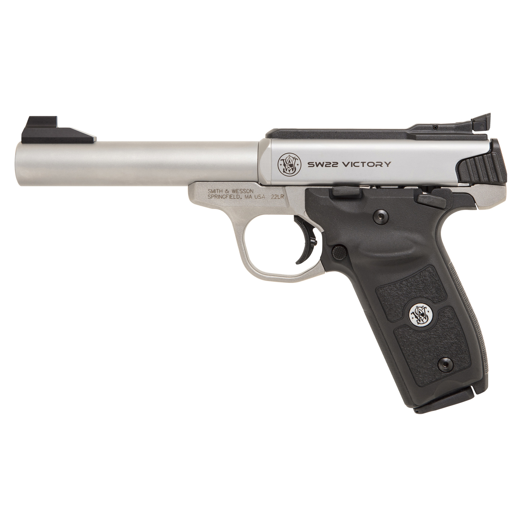 Smith & Wesson 11536 SW Victory Target *MA Compliant 22 LR 5.50” Bull Barrel 10+1, Stainless Steel Barrel, Slide, & Frame, Black Polymer Grip with Integrated Target Thumb Rest, Manual Safety