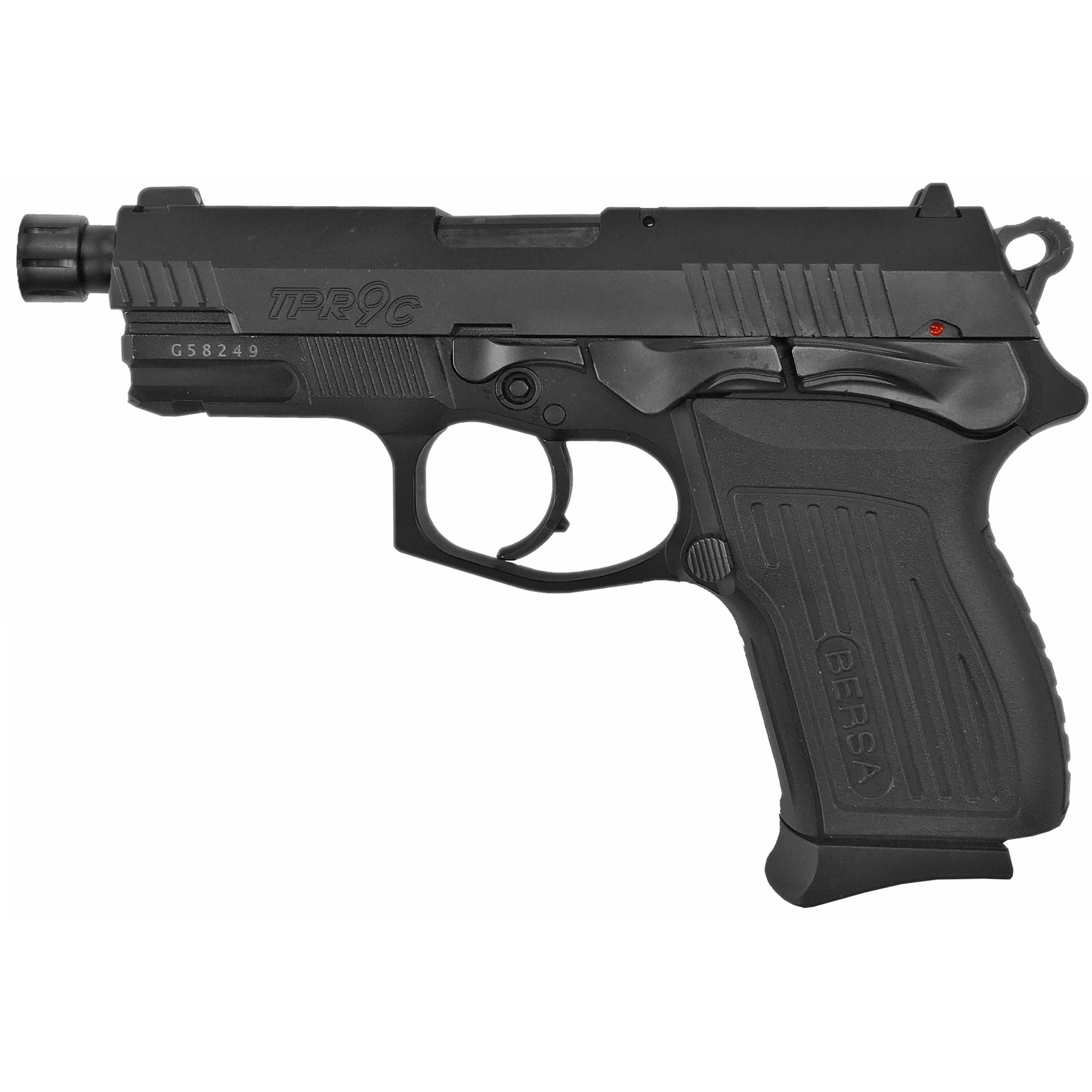 Bersa TPR9CMX TPRCX Compact Frame 9mm Luger 13+1, 4.10” Black Steel Threaded Barrel, Matte Black Serrated Steel Slide & Aluminum Frame w/Beavertail, Ambidextrous
