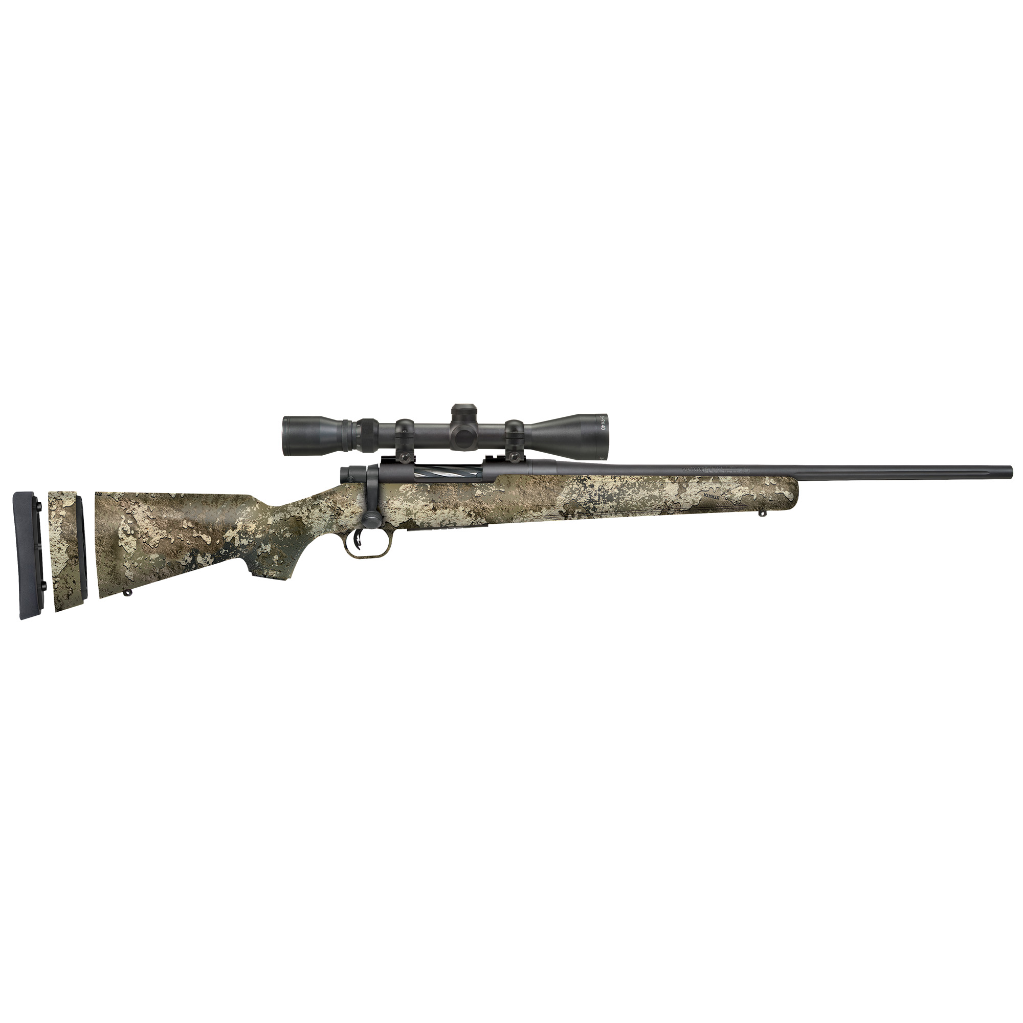 Mossberg 28050 Patriot Super Bantam 6.5 Creedmoor Caliber with 5+1 Capacity, 20” Fluted Barrel, Blued Metal Finish & TrueTimber Strata Synthetic Stock Stock Right Hand (Youth) Includes 3-9x40mm Scope