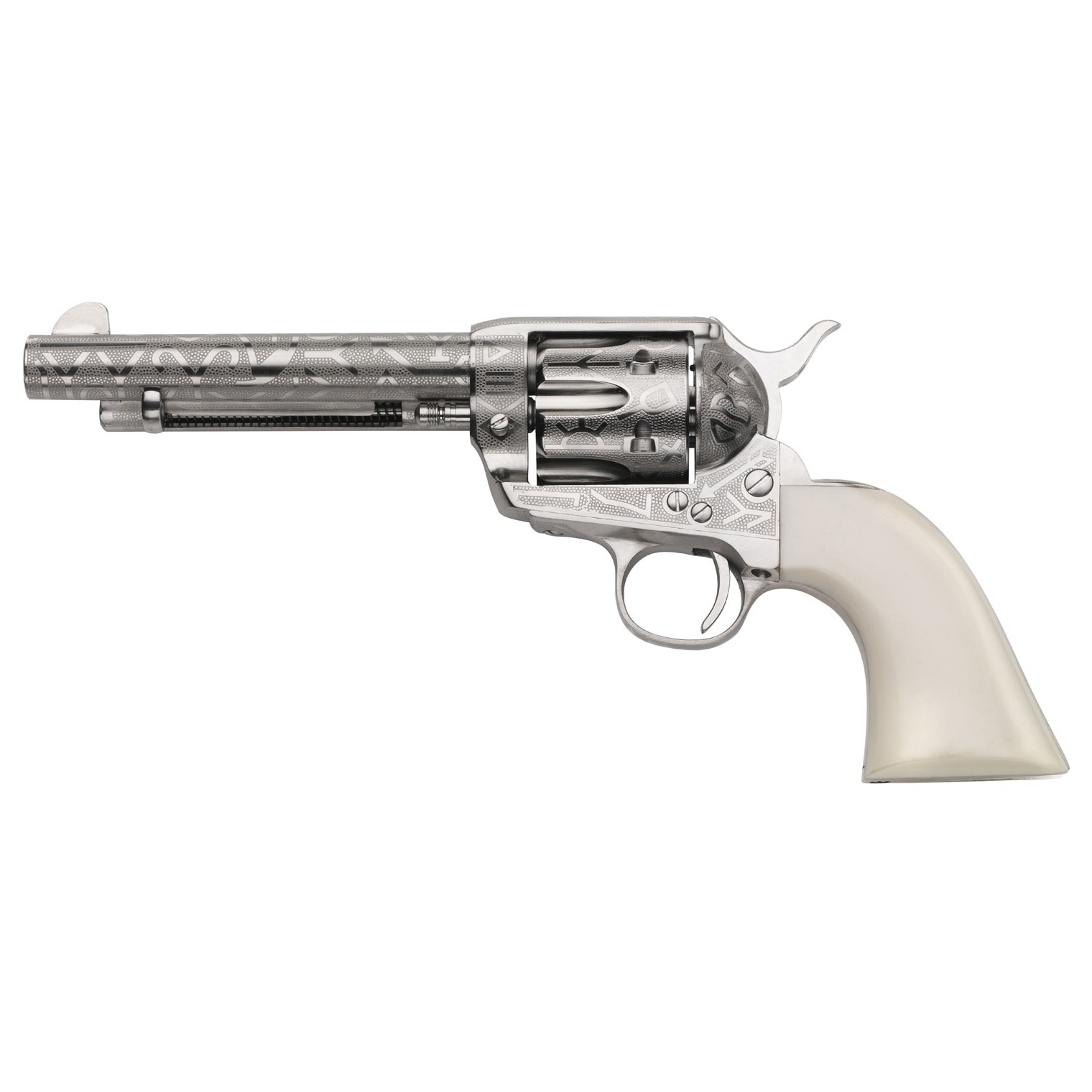 Taylors & Company 200060 1873 Cattle Brand Pietta 38 Special/357 Mag 6 Shot 5.50” Nickel Engraved Round Barrel, Nickel Engraved Cylinder & Steel Frame, White PVC Navy Grip, Exposed Hammer