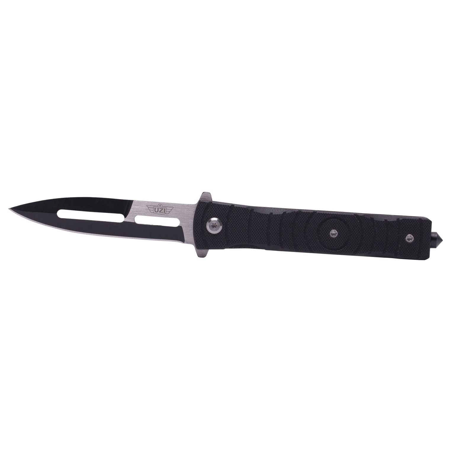 Uzi Accessories UZKFDR014 Mossad III 3.50” Folding Spear Point Plain Black/Silver Stainless Steel Blade Black G10 Handle Features Glass Breaker Includes Metal Clip
