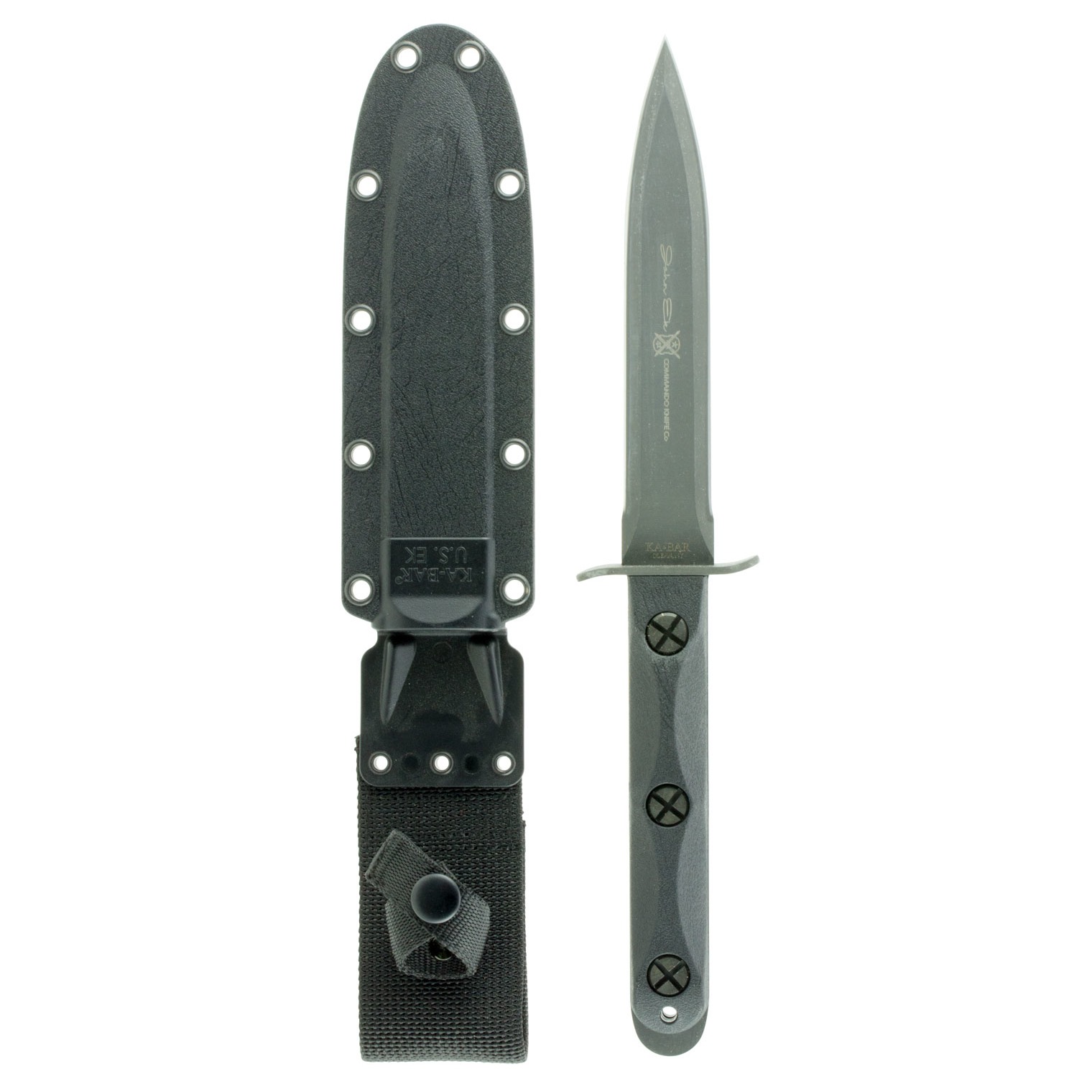 Ka-Bar EK44 Ek Model 4 6.63” Fixed Double Edge Spear Point Plain Stonewashed 1095 Cro-Van Blade, Black GRN Handle, Includes Sheath