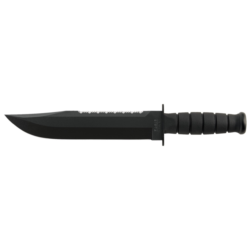 Ka-Bar 2211 Big Brother 9.38” Fixed Top Serrated/Bottom Straight Plain Black 1095 Cro-Van Blade, Black Kraton G Handle, Includes Sheath