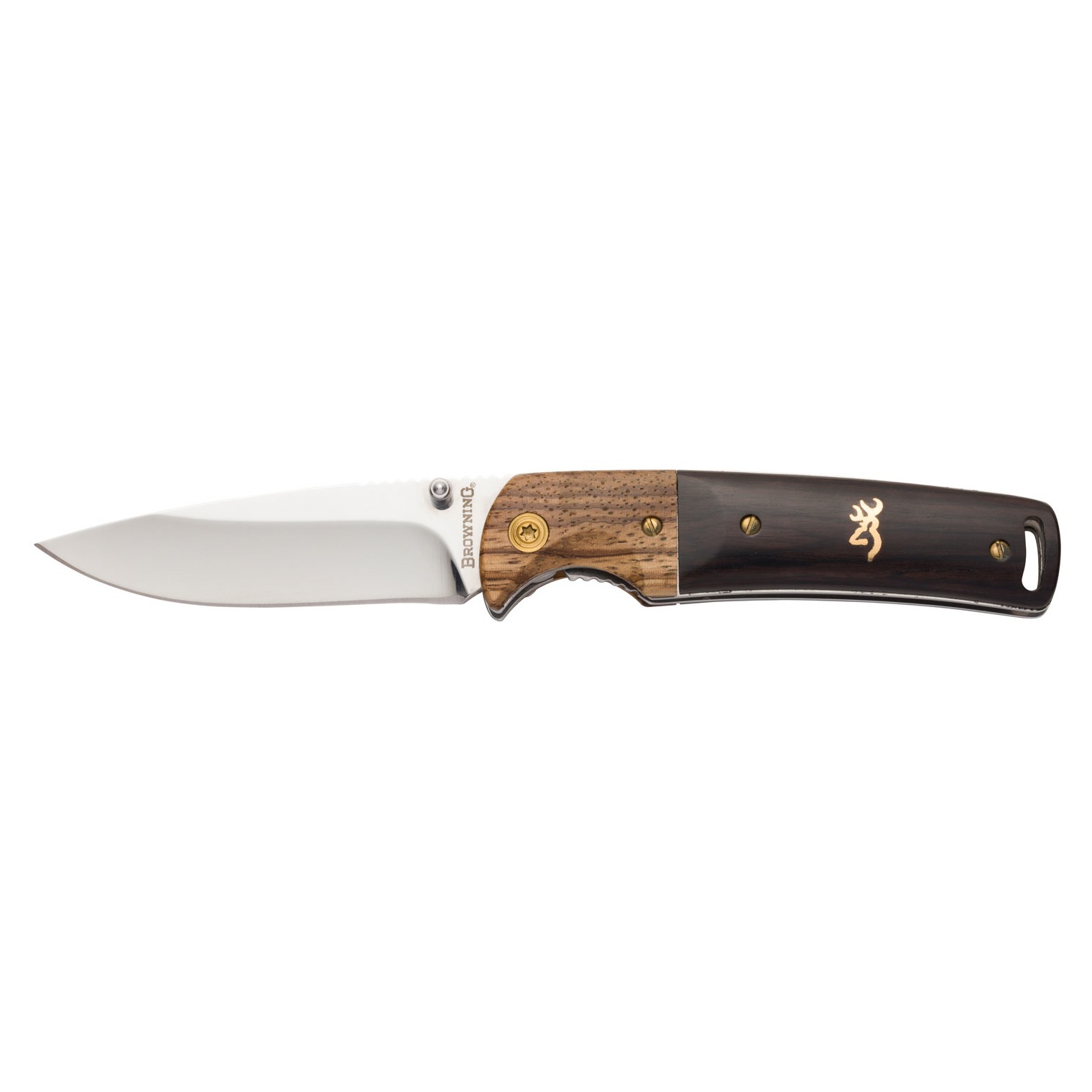 Browning Buck Mark Hunter 3” Folding Drop Point Plain Mirror Polished 8Cr13MoV SS Blade/Black/Brown w/Finger Grooves Hardwood Handle Includes Pocket Clip 3220231 023614843283