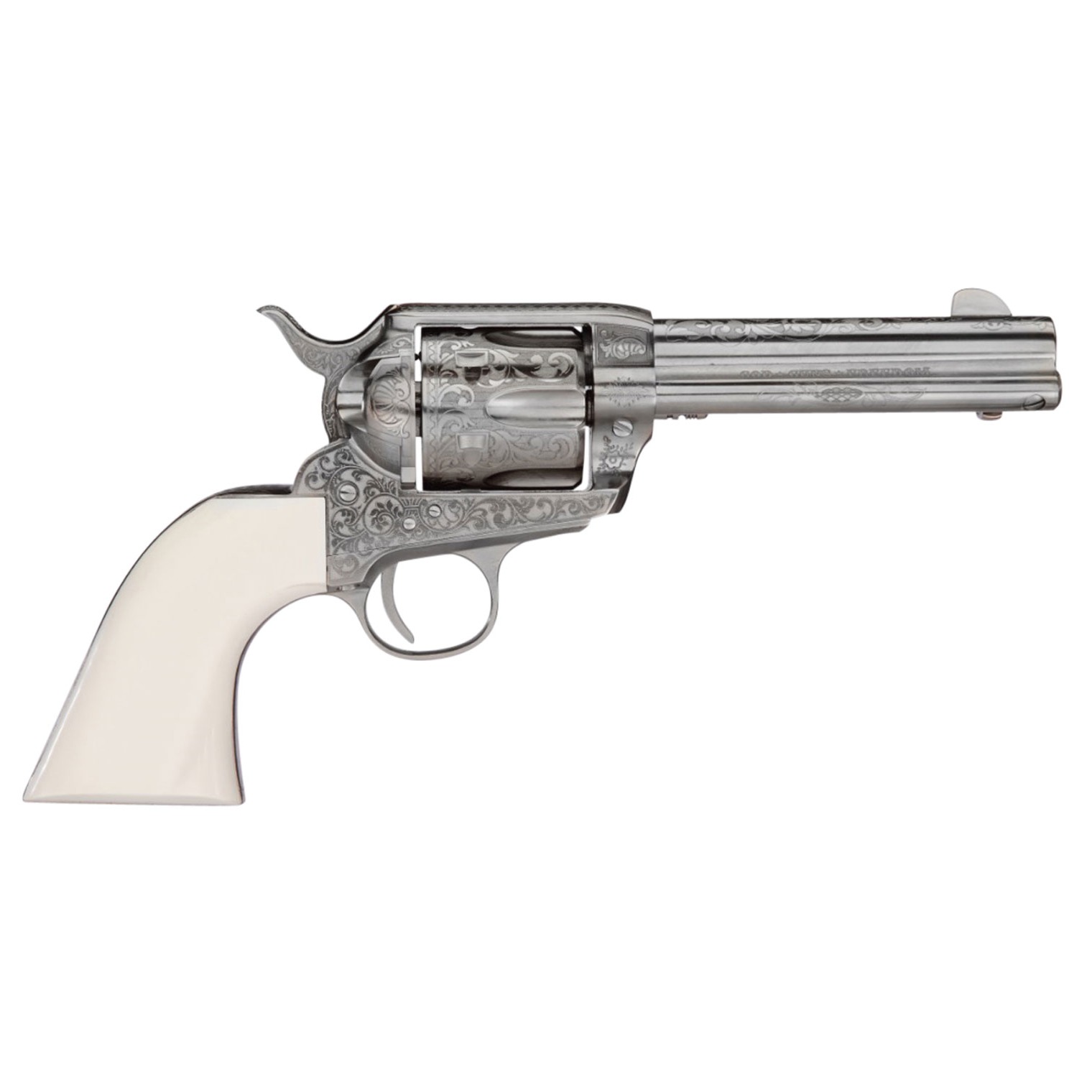 Taylors & Company 200057 1873 Cattleman Outlaw Legacy 45 Colt (LC) Caliber with 4.75” Barrel, 6rd Capacity Cylinder, Overall Nickel Engraved Finish Steel & Ivory Synthetic Grip