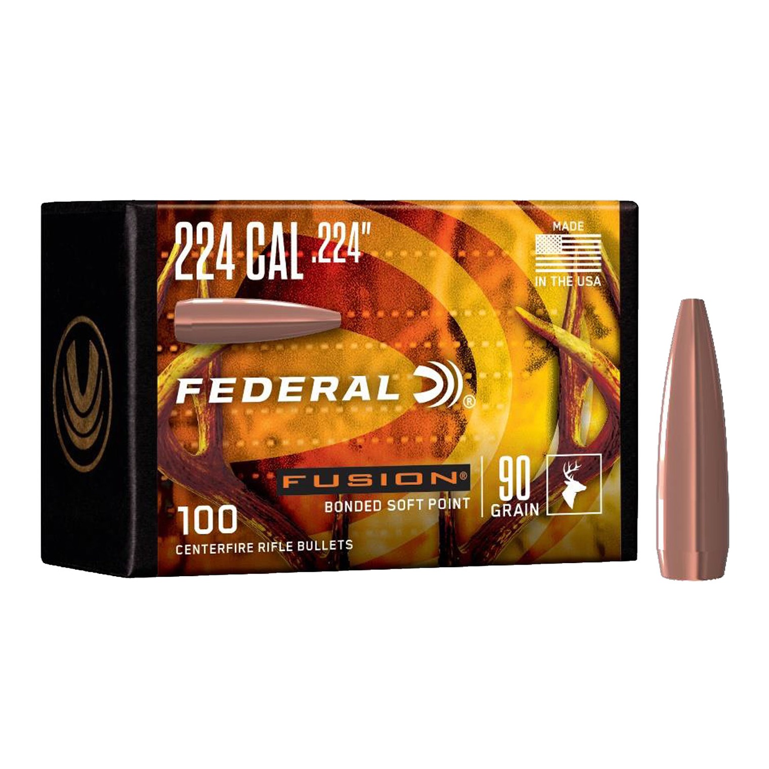 Federal FB224F1 Fusion Component 224 Cal .224 90 gr Bonded Soft Point 100 Per Box/ 4 Case