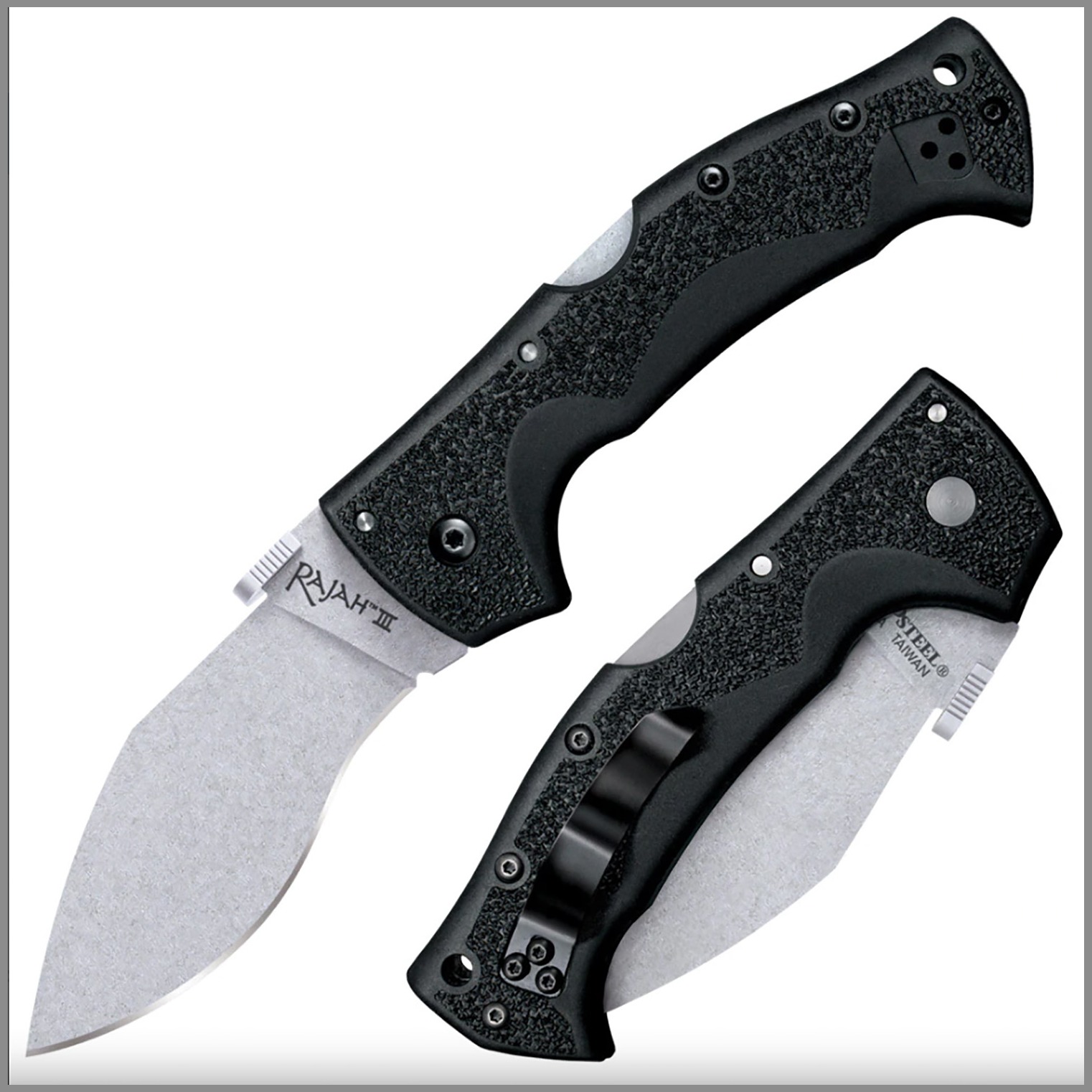 Cold Steel CS62JM Rajah III 3.50” Folding Drop Point Plain Stone Washed AUS-10A SS Blade/Black Griv-Ex Handle Includes Pocket Clip
