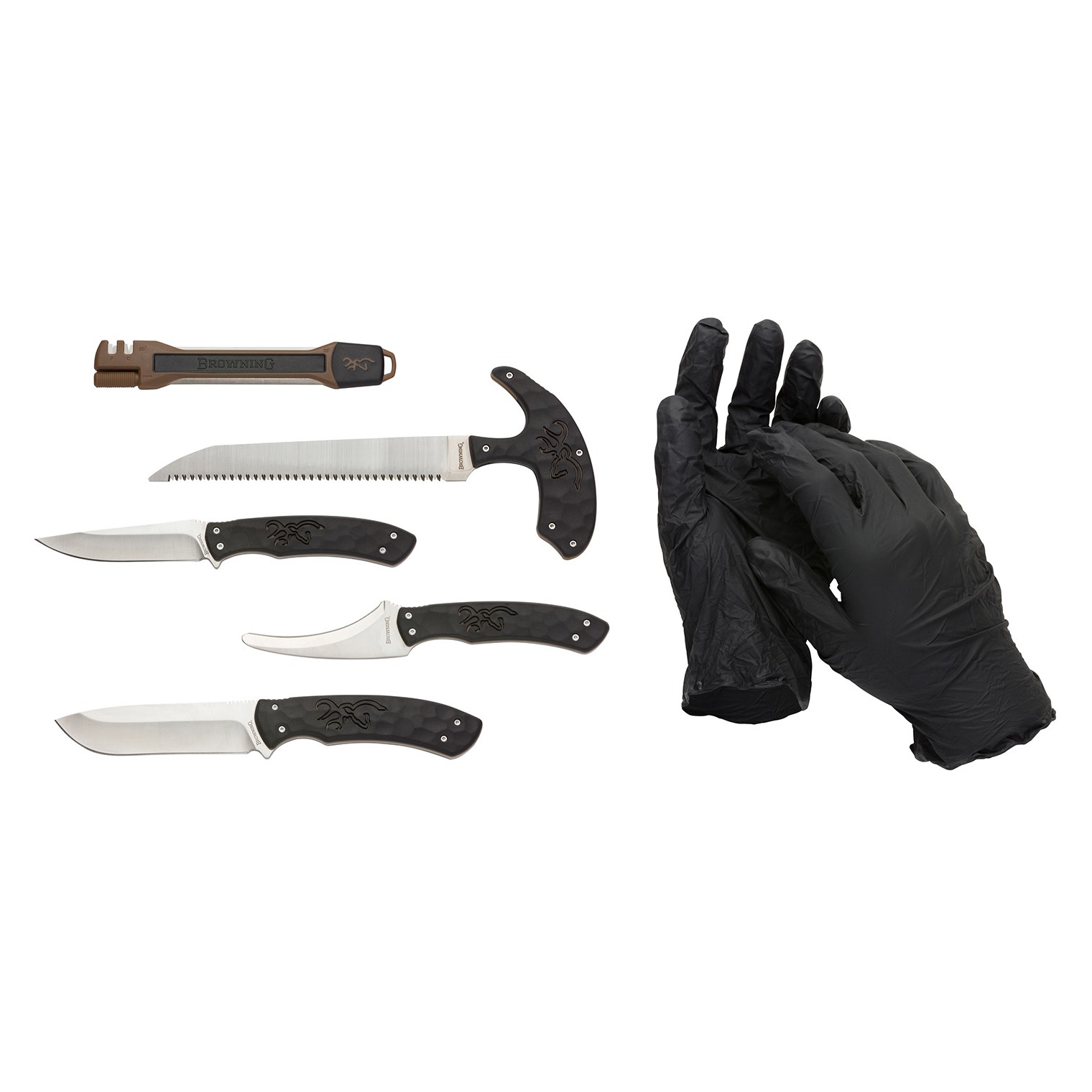 Browning Primal Combo Fixed Bone Saw/Caper/Gut Tool/Sharpening Tool/Skinner 8Cr13MoV SS Blade, Black Polymer w/Rubber Overmold Handle, 6 Piece Set, Includes Case/Gloves 3220422B 023614965367
