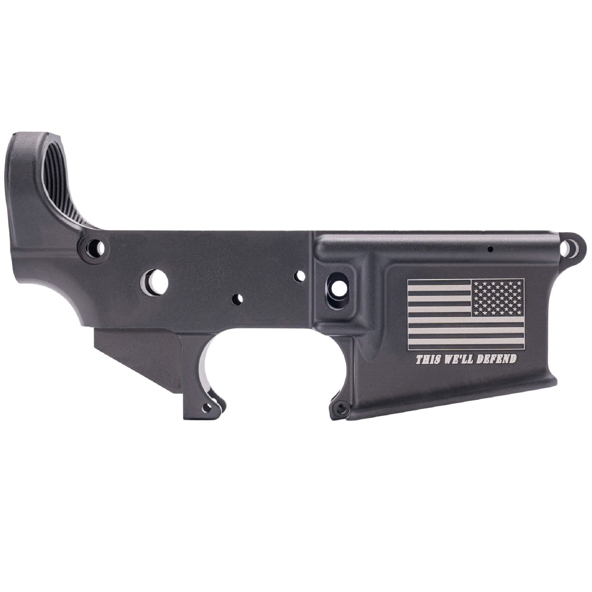 Anderson AM-15 Stripped AR-15 Lower Receiver - This We’ll Defend Flag Slogan, Black Anodized, Multi-Caliber