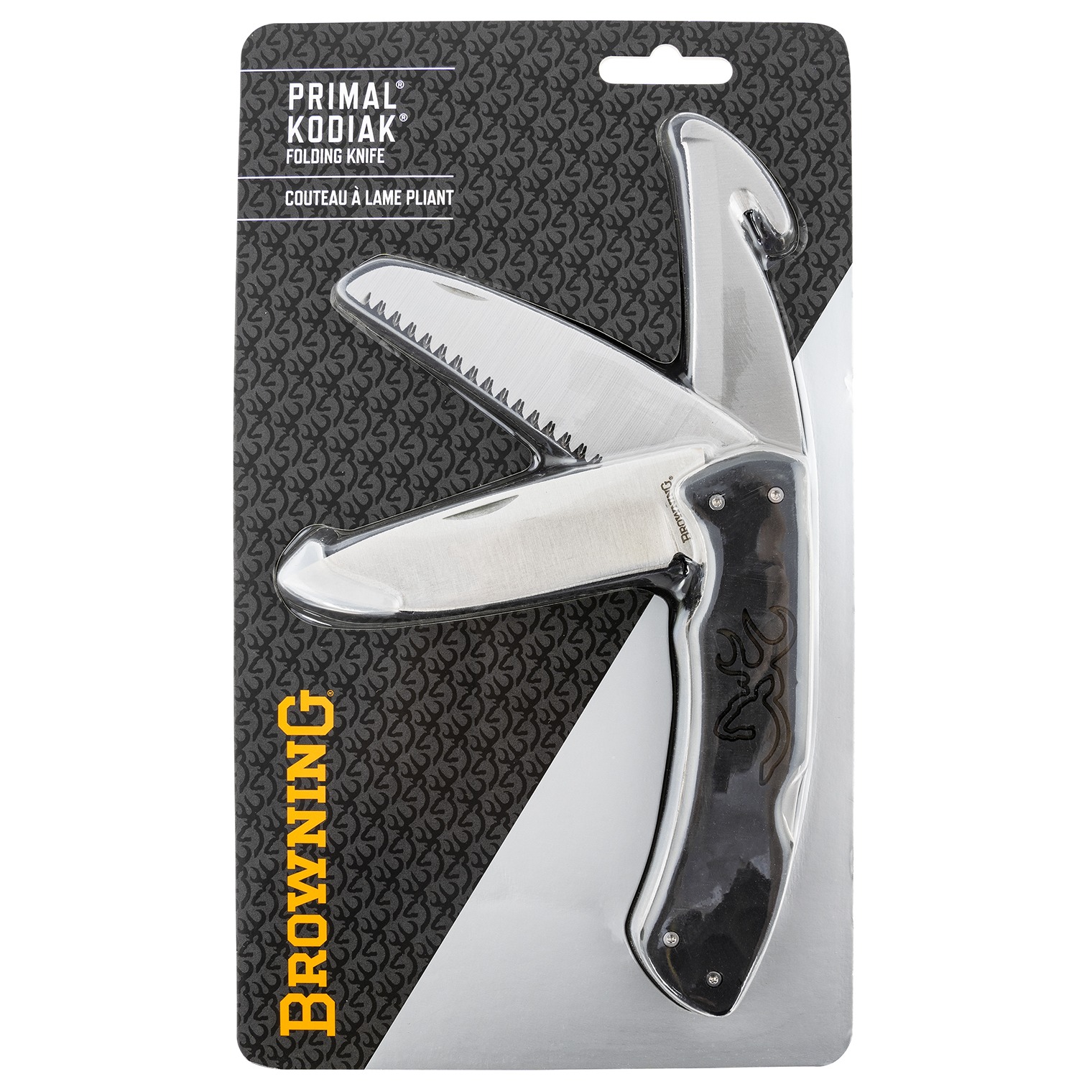 Browning Primal Kodiak Slim 3.75” Folding Drop Point/Gut Hook/Saw 8Cr13MoV SS Blade Black Polymer w/Rubber Overmold Handle Includes Nylon Belt Pouch 3220430 023614964698