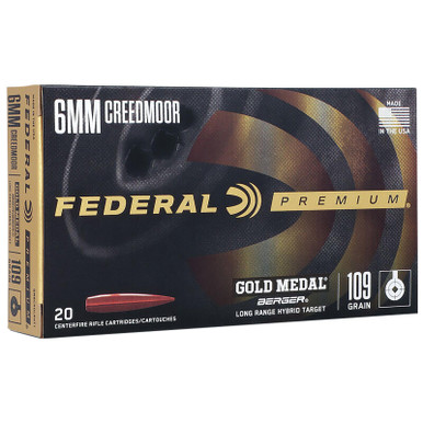 Federal GM6CRDLRHT1 Premium Gold Medal 6mmCreedmoor 109gr Berger Long Range Hybrid Target 20 Per Box/10 Case