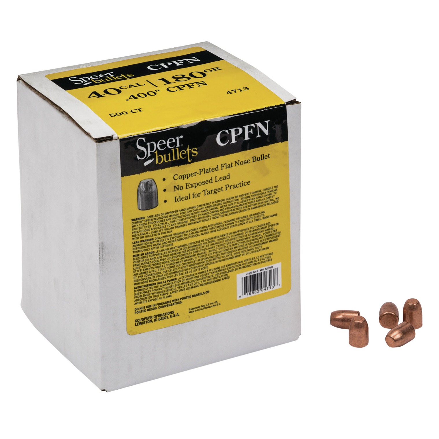 Speer 4713 Handgun Plinking 40 Caliber .400 180 GR Flat Nose 500 Box