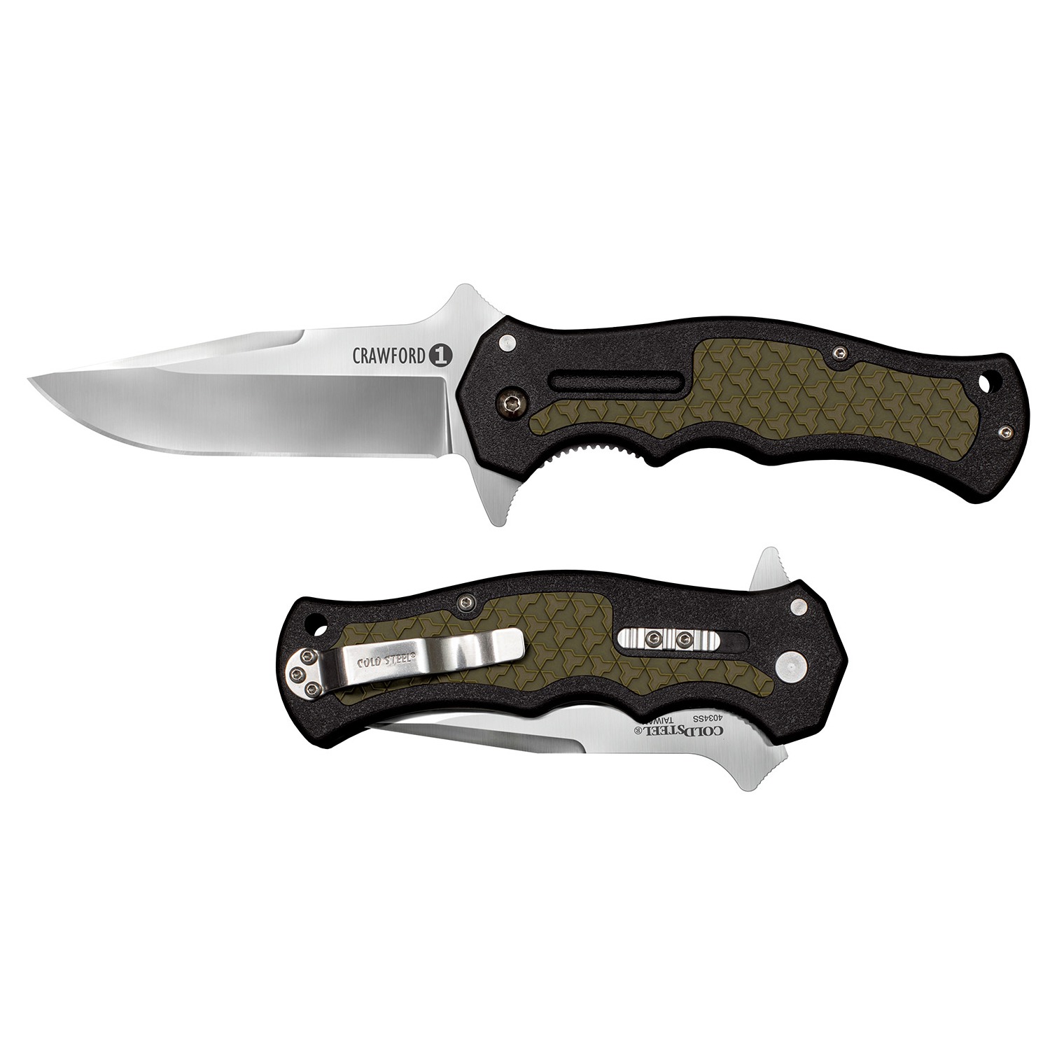 Cold Steel CS20MWCZ Crawford 1 3.50” Folding Plain Clip Point 4034 Stainless Steel Blade Black w/OD Green Traction Inlays GRN Handle Blister Pack Packaging