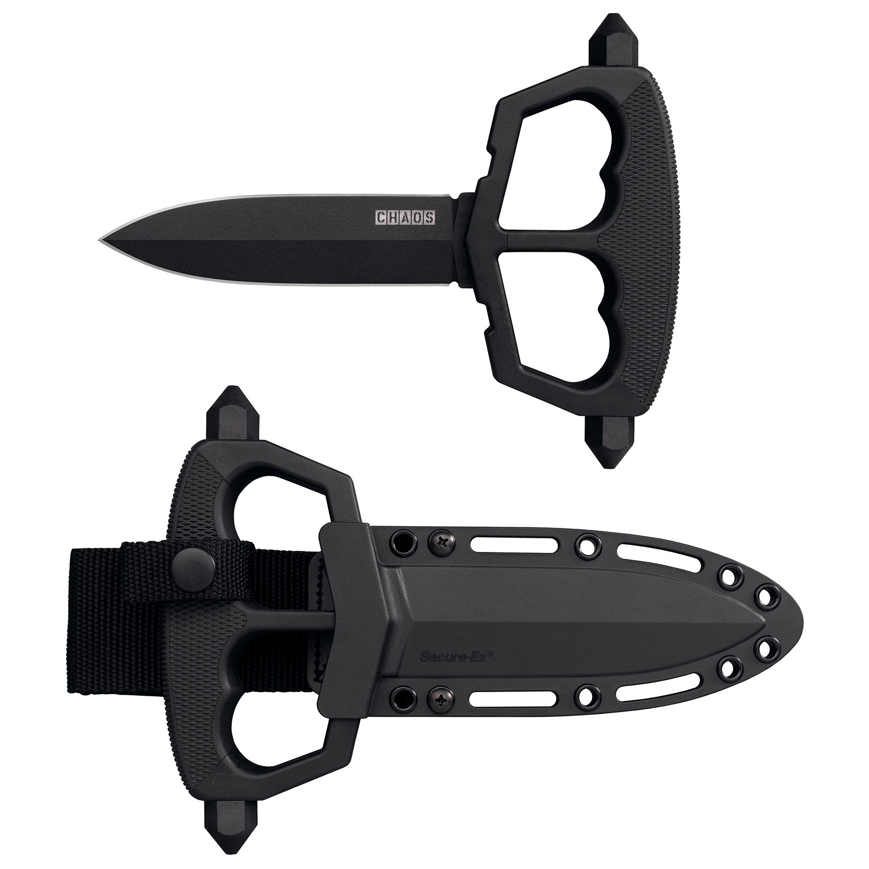 Cold Steel CS80NT3 Chaos Push Knife 5” Fixed Plain Black Matte Powder Coat SK-5 Steel Blade/ Black w/D-Guard Handle Griv-Ex w/Overmold Kray-Ex Handle Includes Belt Loop/Sheath