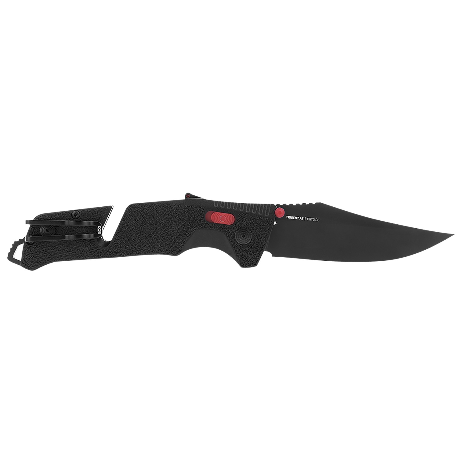 S.O.G SOG11120141 Trident AT 3.70” Folding Clip Point Plain Black TiNi Cryo D2 Steel Blade/Black w/Red Accents GRN Handle Features Line Cutter/Glass Breaker