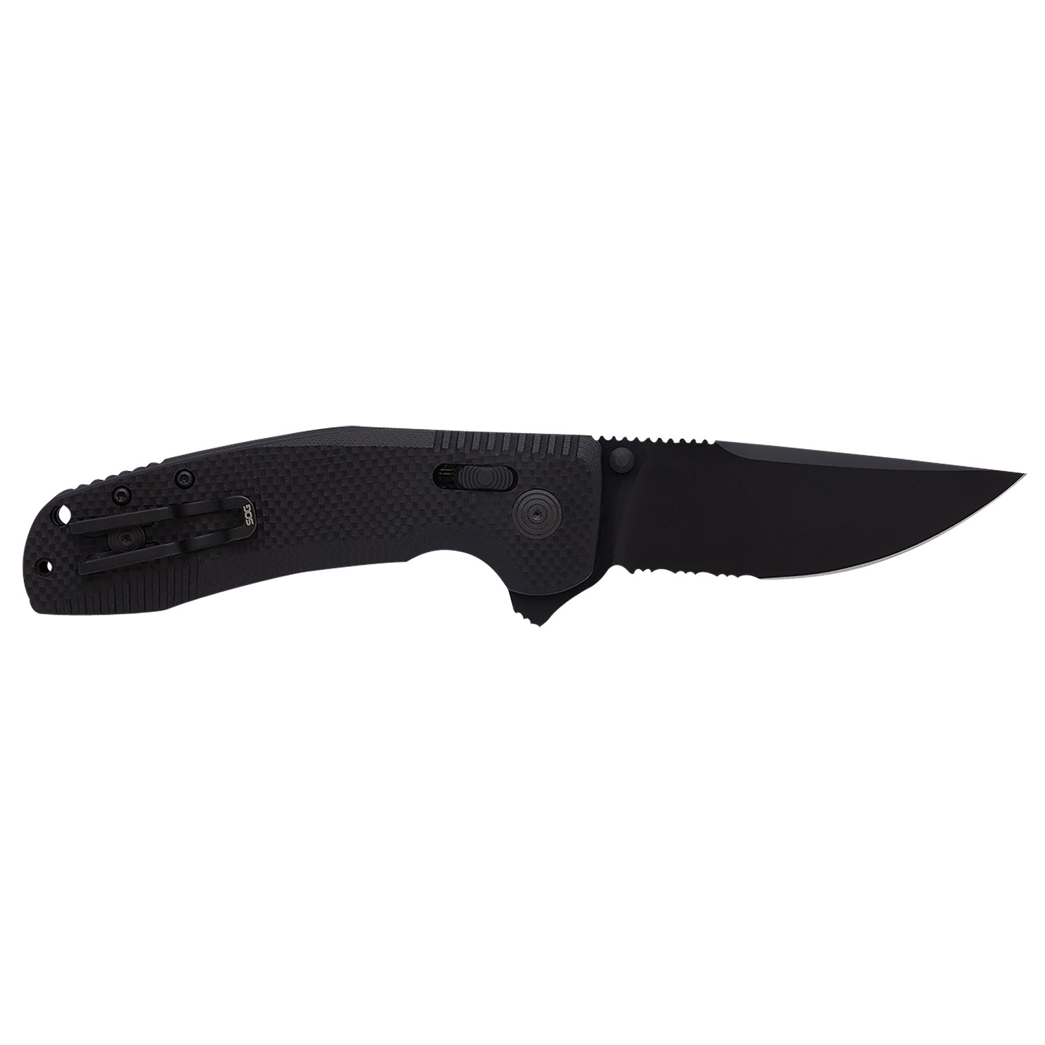 S.O.G SOG12380341 SOG-TAC XR 3.39” Folding Clip Point Part Serrated Black TiNi Cryo D2 Steel Blade Blackout G10 Handle Includes Pocket Clip