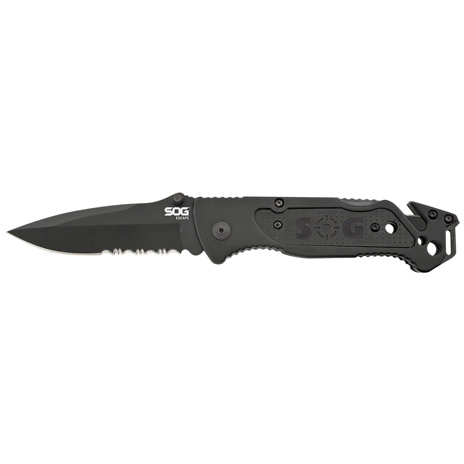 S.O.G SOGFF25CP Escape 3.40” Folding Clip Point Part Serrated Black Hardcased 9Cr18MoV SS Blade Black Anodized Aluminum Handle Includes Belt Clip
