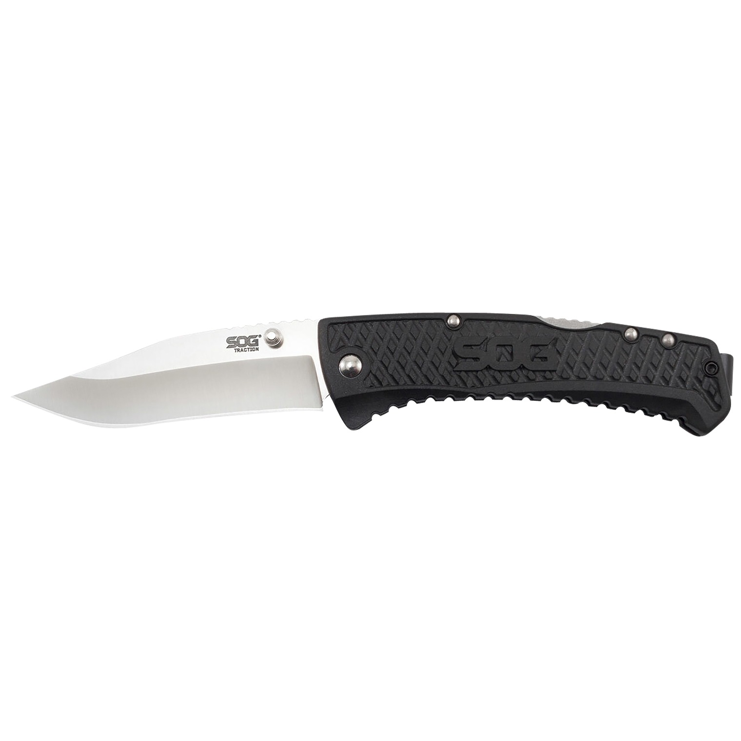 S.O.G SOG-TD1011-C Traction 3.50” Folding Clip Point Plain Satin 5Cr13MoV SS Blade Black Textured GRN Handle Includes Pocket Clip