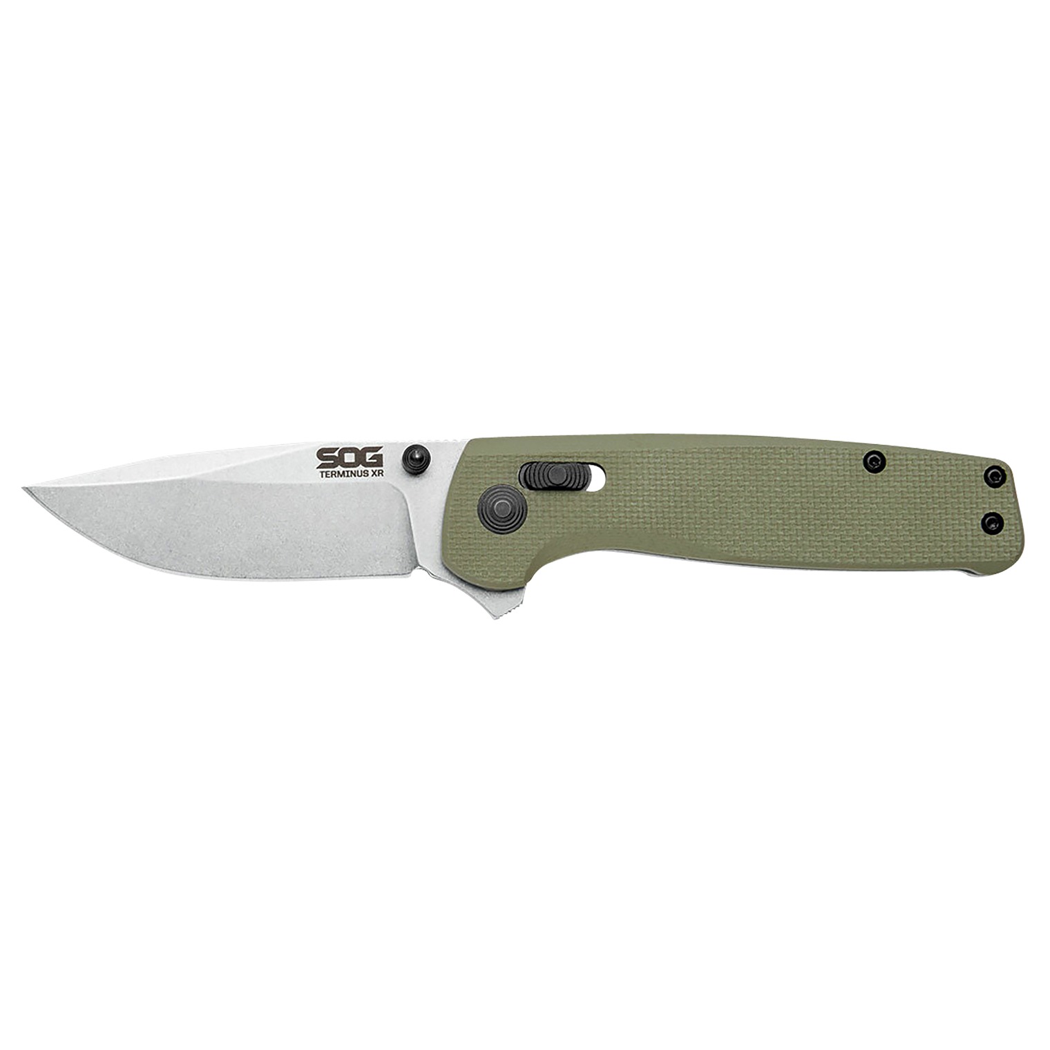 S.O.G SOGTM1022BX Terminus XR 2.95” Folding Clip Point Plain Stonewashed BD1 Steel Blade Olive Drab Textured G10 Handle Features Box Packaging Includes Pocket Clip