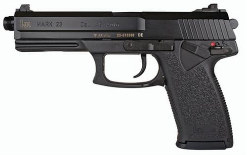 HK, Mark 23, V1, Double Action/Single Action, Polymer Frame Pistol 45 ACP, 5.87" Threaded Barrel, Black, 3 Dot Sights, Manual Thumb Safety, Frame Mounted Decocker, 10 Rounds, 2 Magazines