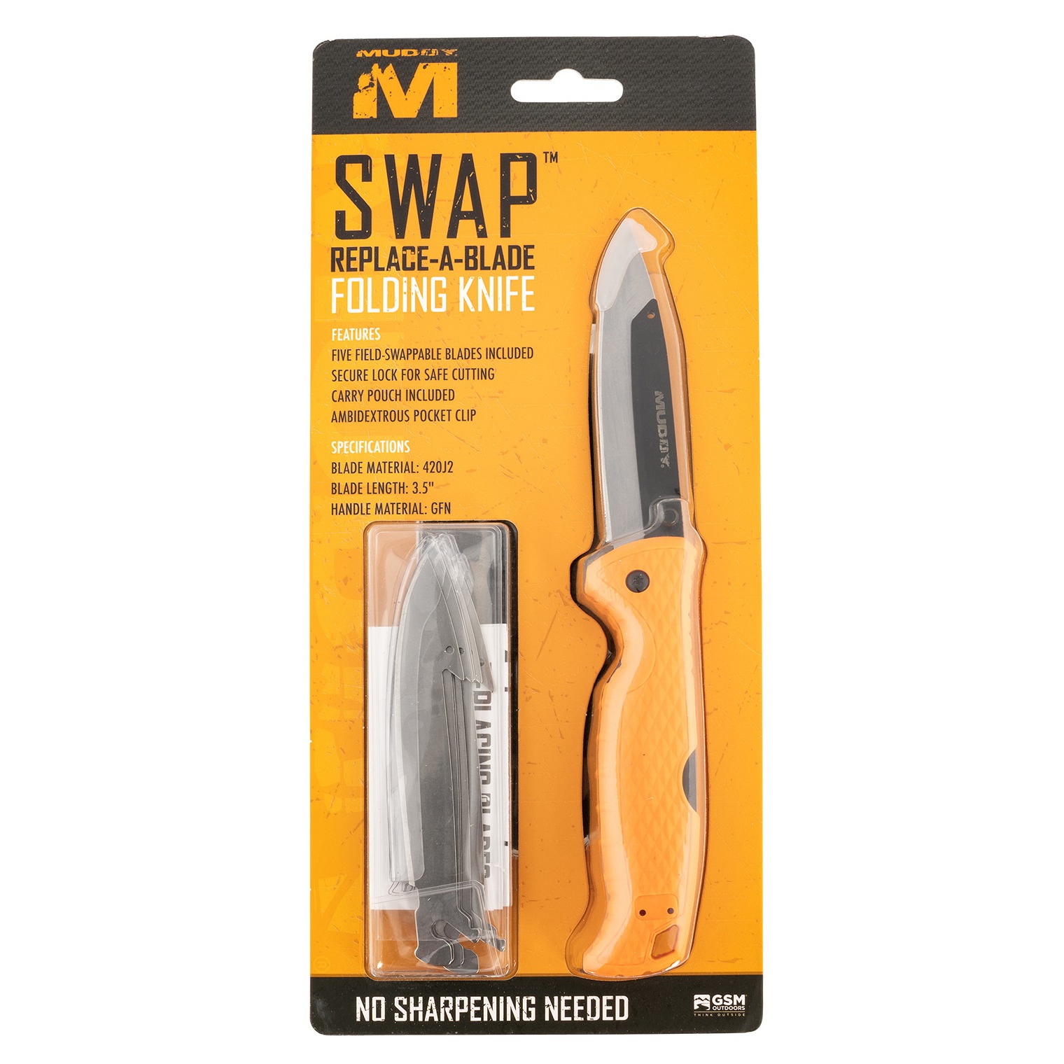 Muddy MUD-FL-35RB5PZ SWAP Replace-A-Blade 3.50” Folding Drop Point Plain 420J2 SS Blade, Blaze Orange Textured GFN Handle, Includes Lanyard/Pocket Clip, 3 Replacement Blades