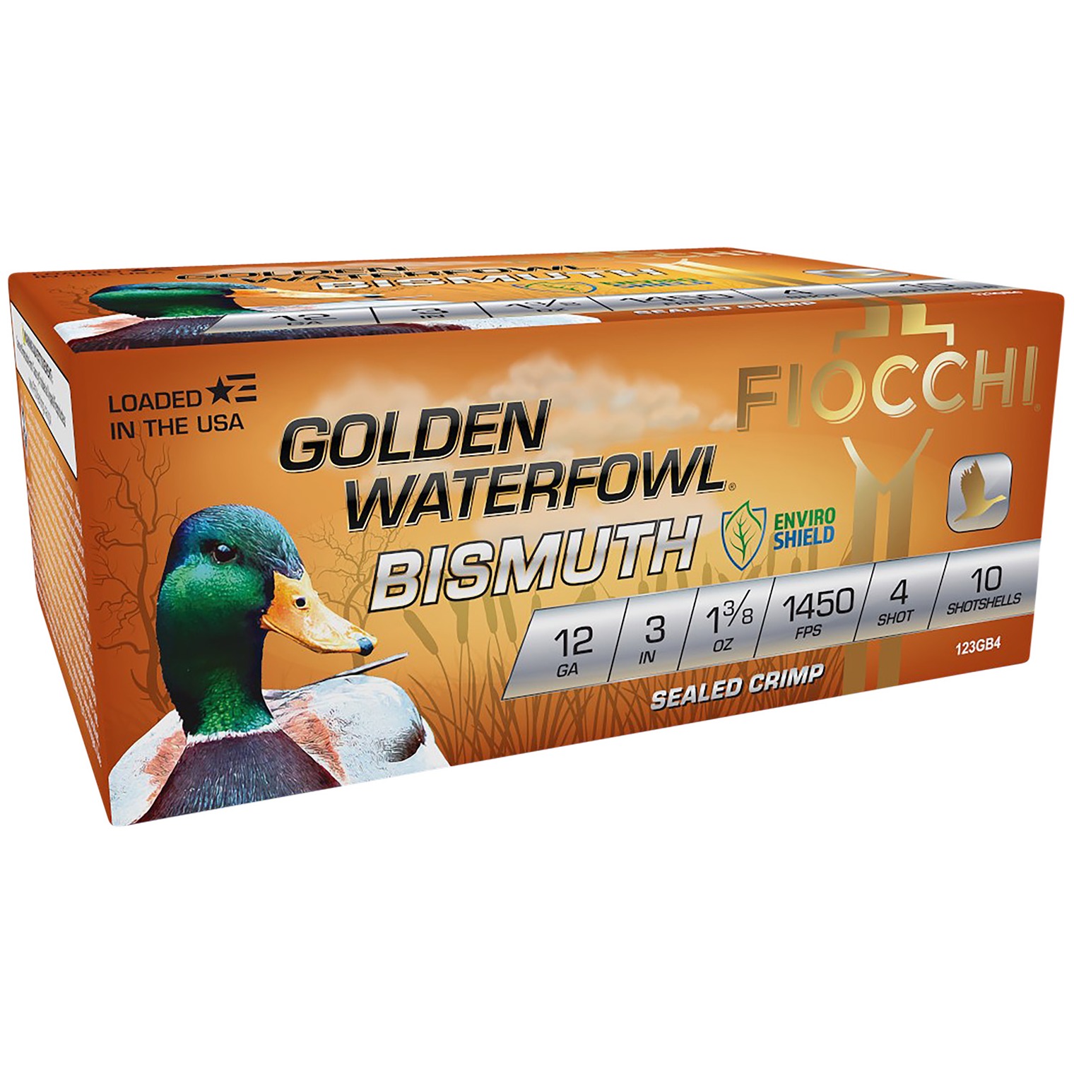 Fiocchi 123GB4 Golden Waterfowl Bismuth 12Gauge 3” 1 3/8oz 4Shot 10 Per Box/10 Case