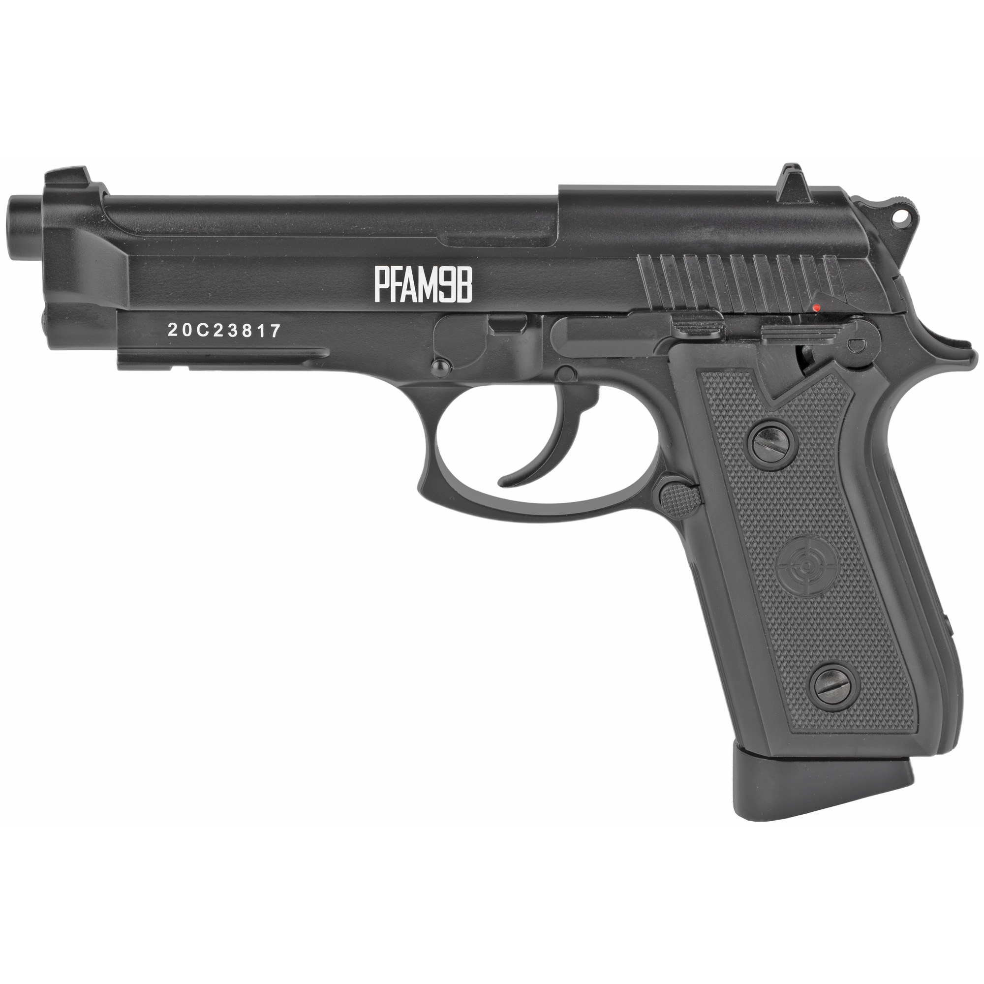 Crosman PFAM9B Full Auto Air Pistol CO2 177 BB 20rd Smooth Bore Brass Barrel, Blow Back Action, Fixed Front/Notched Rear Sights, Full Metal Frame, Black Polymer Grips, Selector Safety
