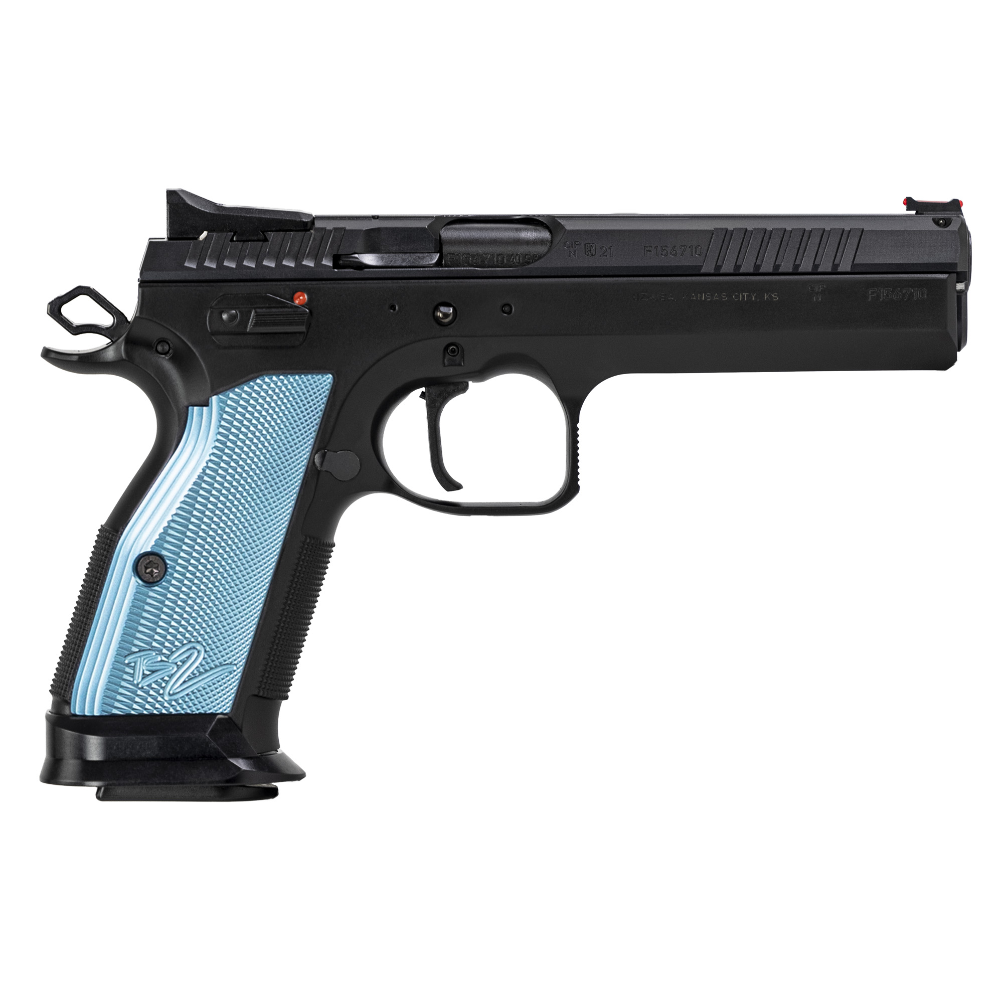 CZ-USA 91222 TS 2 40 S&W 17+1 5.28”, Black Serrated Slide & Beavertail Frame, Blue Checkered Aluminum Grips, Flared Magwell, Fiber Optic Sights, Flat Face Trigger