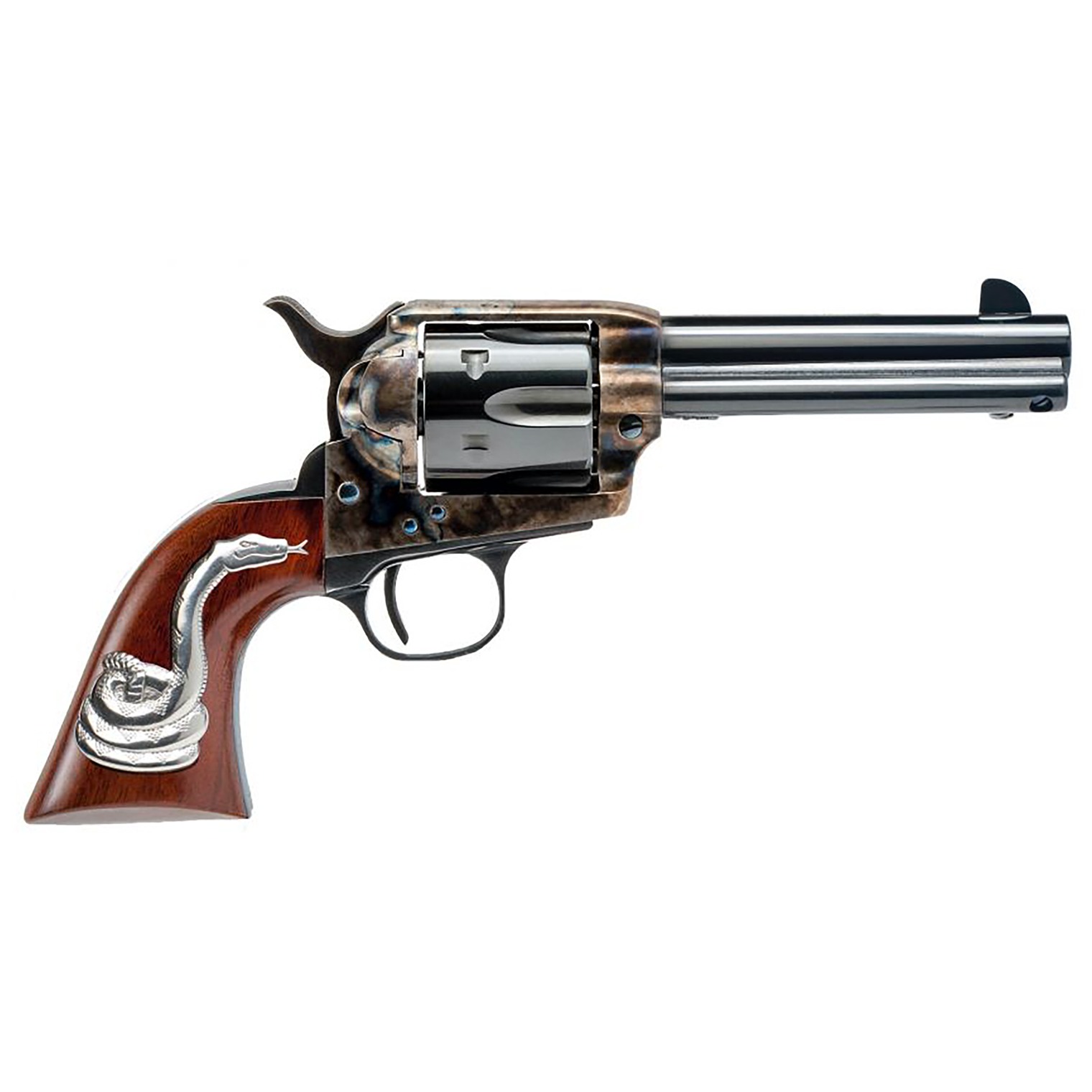 Cimarron Man With No Name .45 LC 4.75” 6rd Walnut Grips with Rattlesnake Inlay