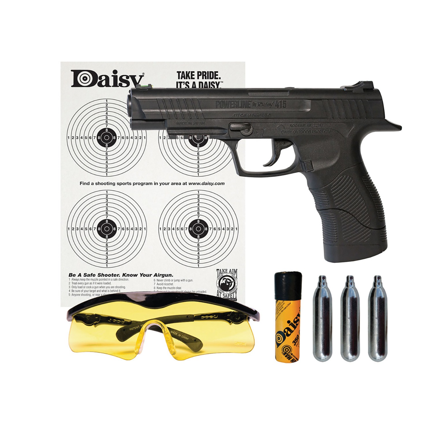 Daisy 985415242 415 Powerline Kit CO2 177 BB 21+1 495 fps, Black Polymer Frame with Pic. Rail, Fiber Optic Sight, Includes Ammo/Target/Glasses/CO2 Cartridges