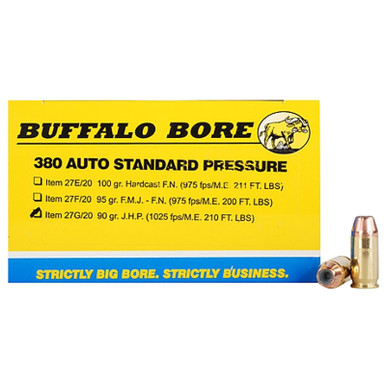 Buffalo Bore Ammunition 27G20 Standard Pressure Strictly Business 380ACP 90gr Jacket Hollow Point 20 Per Box/12 Case