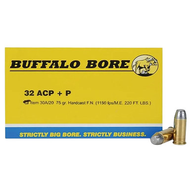Buffalo Bore Ammunition 30A20 Personal Defense Strictly Business 32ACP +P 75gr Hard Cast Flat Nose 20 Per Box/12 Case