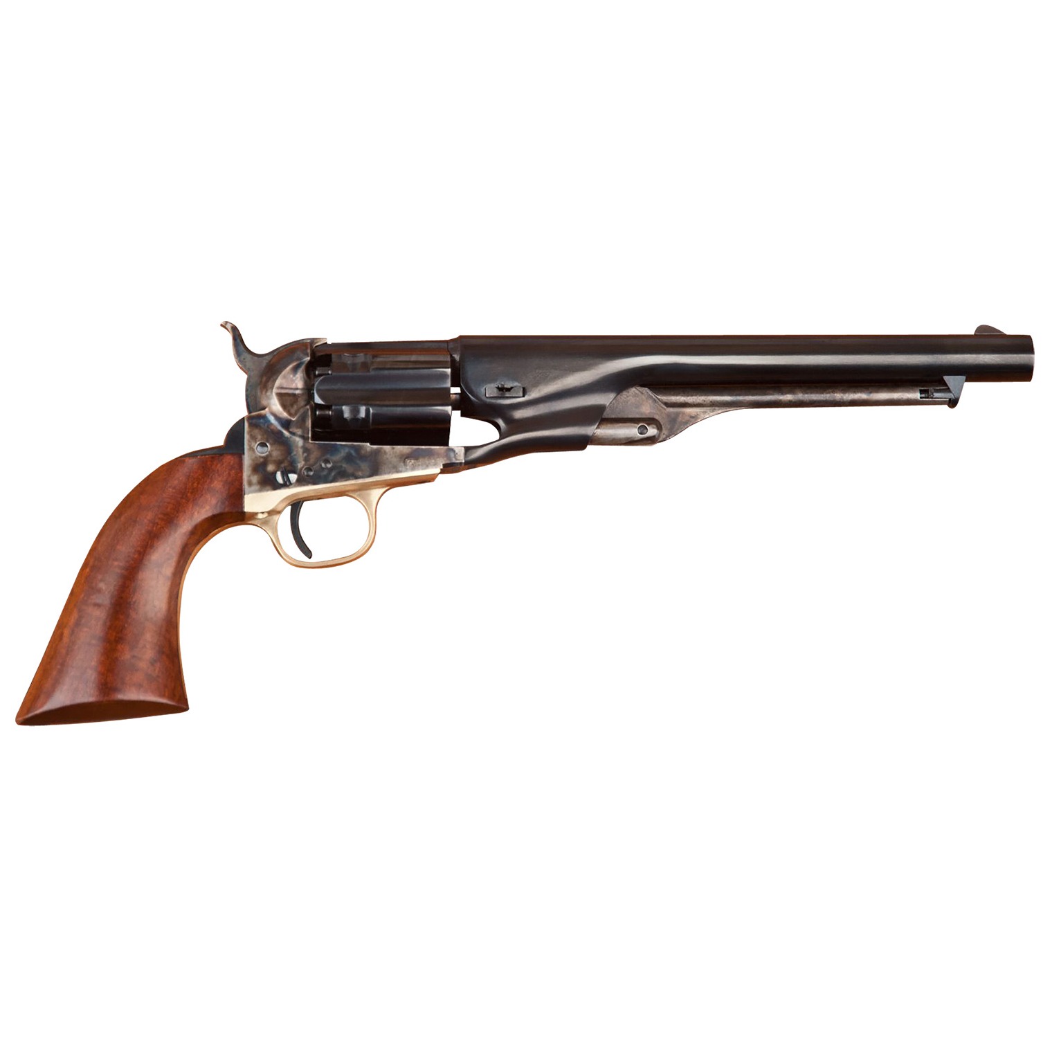 Cimarron CA041 1860 Army .44 Cal 6 Shot, 8” Blued Round Steel Barrel, Blued Engraved/Fluted Cylinder, Color Case Hardened Steel Frame, Smooth Walnut Grip, Exposed Hammer