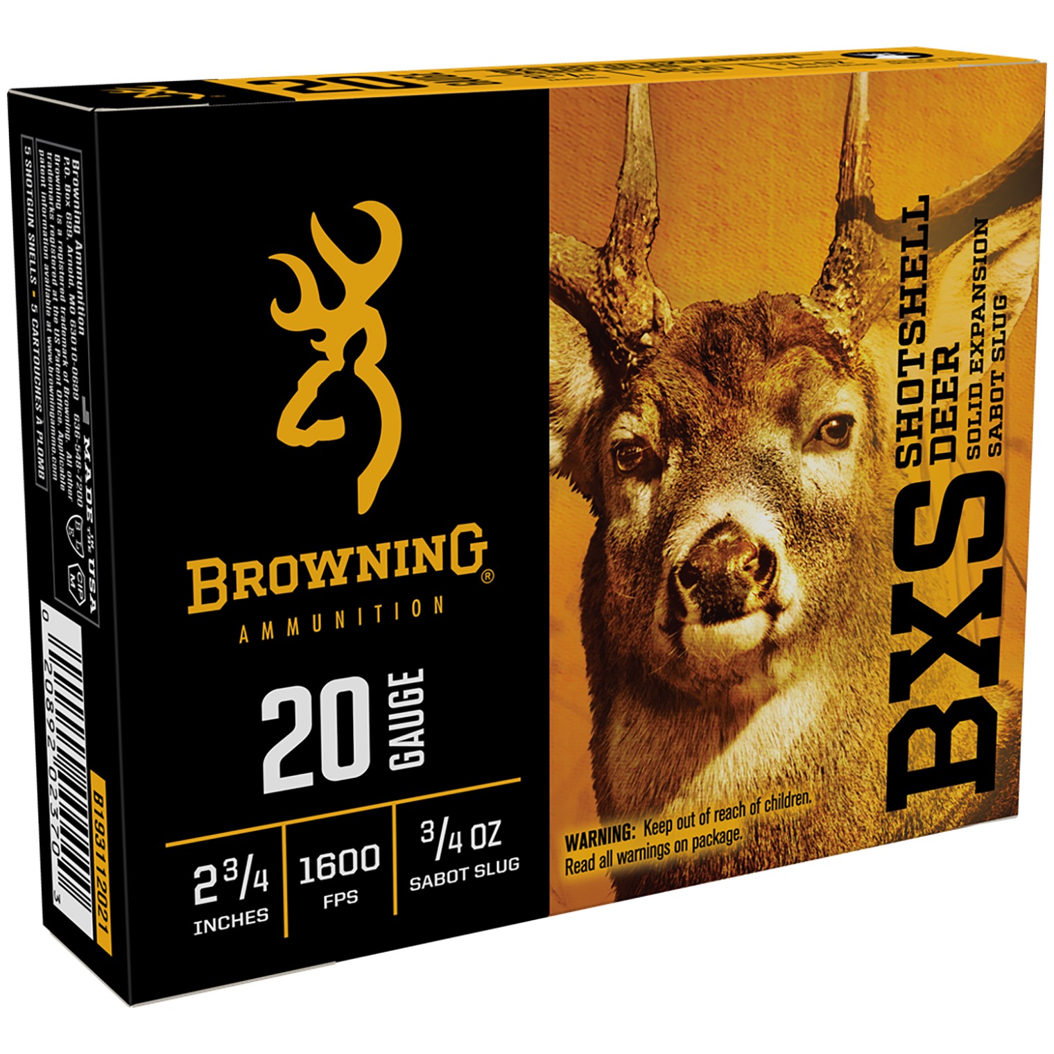 Browning BXS 20 Gauge 2.75" 3/4 oz Sabot Slug 5/Box 20/Case B193112021 020892023703