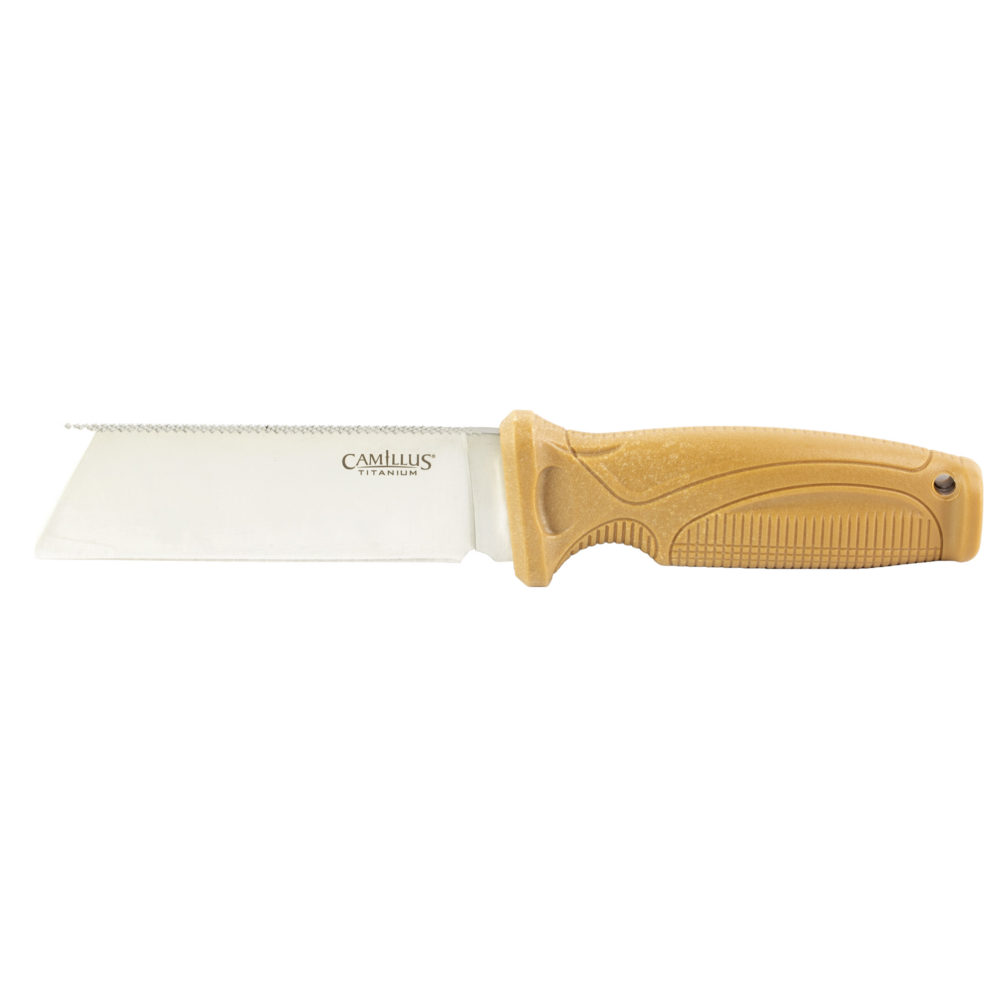 Camillus 19627 Swedge 4.30” Fixed Plain Silver 420 Steel Titanium Bonded Blade, Textured Tan ABS Handle, Includes Sheath