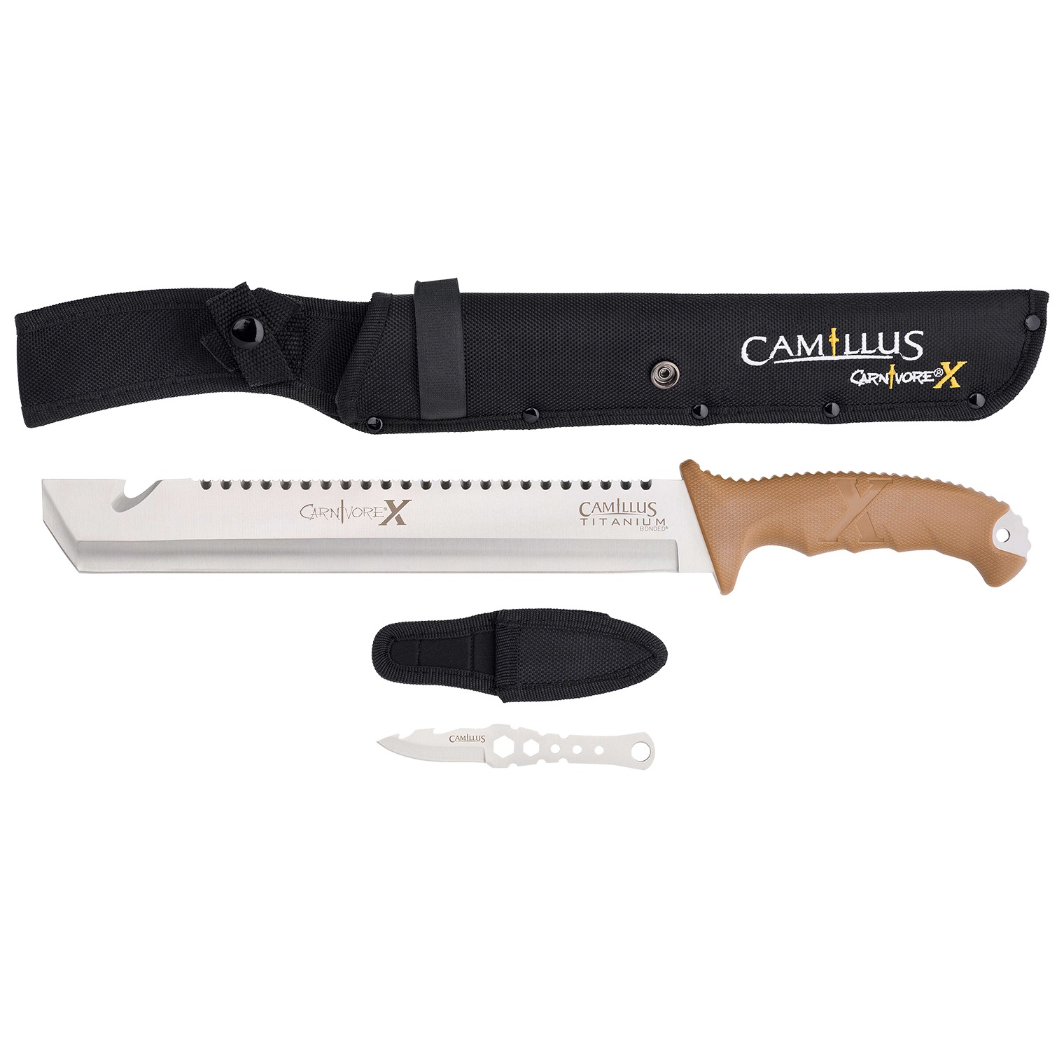 Camillus 19236-003 Carnivore 12” Silver Ti Bonded 440 SS Blade, Brown ABS Handle, 18” Long Includes Sheath