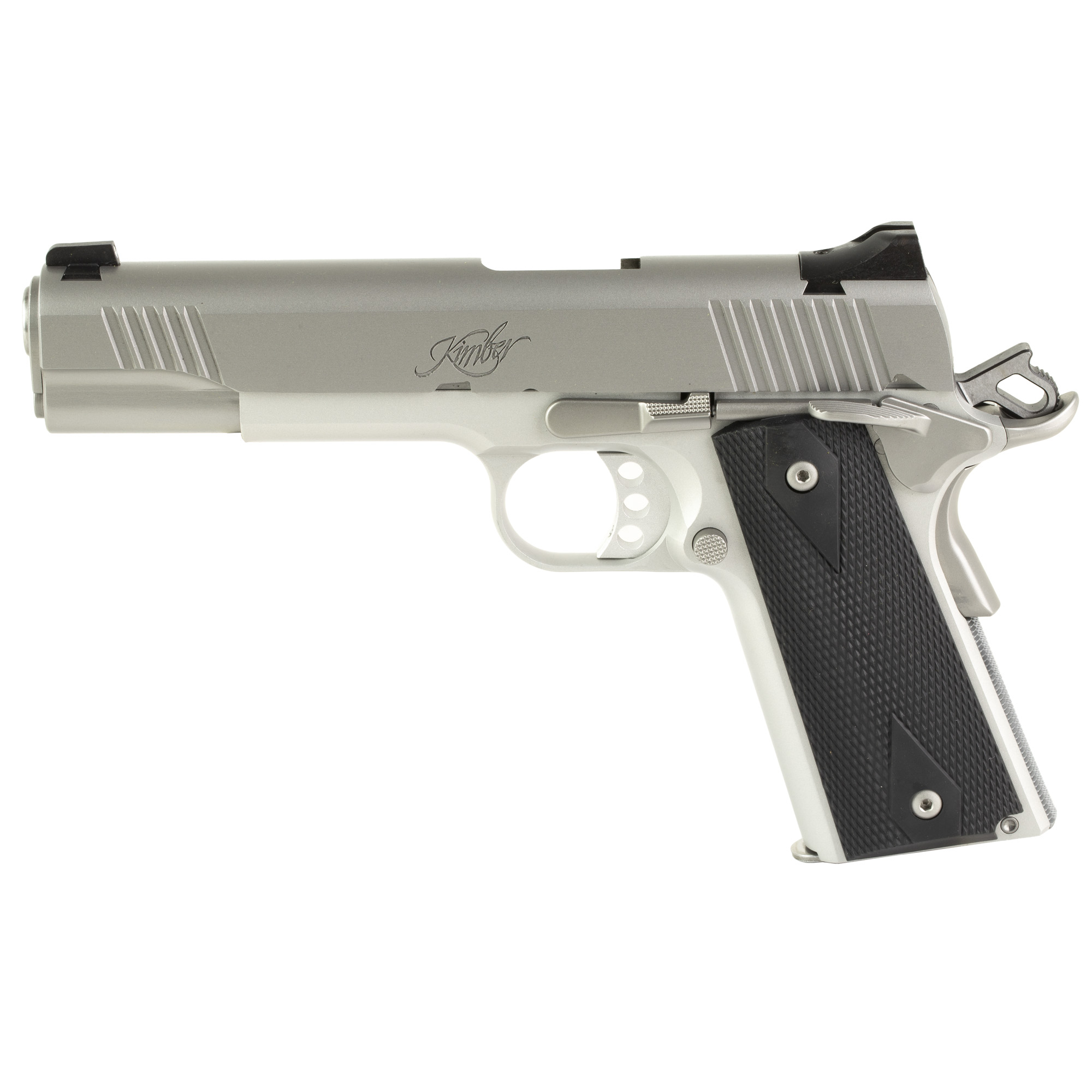 Kimber Mfg, Inc 3700826 Stainless LW Club Bundle Full Size Frame 45 ACP 7+1 5” Stainless Match Grade Barrel, Serrated Stainless Steel Slide, Stainless Aluminum Frame w/Beavertail, Black Textured Grip