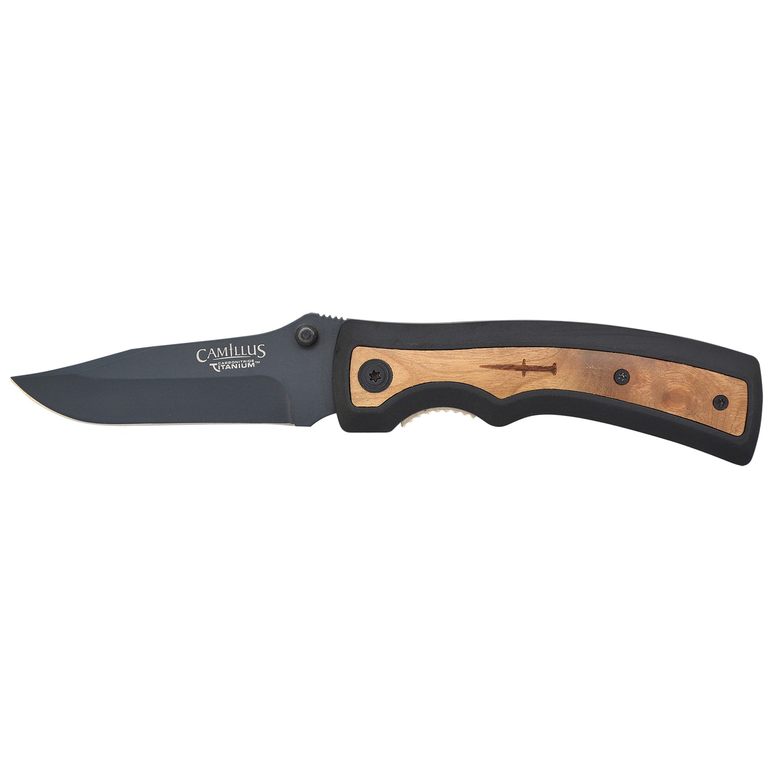 Camillus 19076-001 Slick 3” Folding Clip Point Plain Black Carbonitride Titanium AUS-8A SS Blade, 5” Black Rubber/Wood Handle
