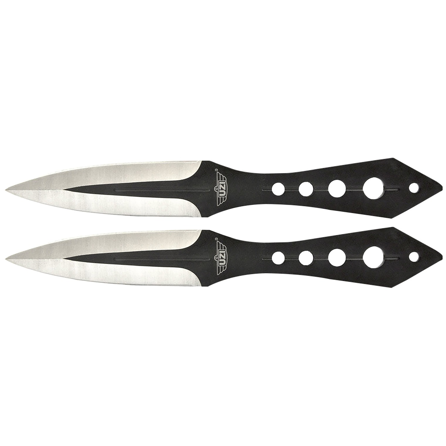 Uzi Accessories UZKTRWTZP Throwing Knives Two Fixed Plain Black/Silver Stainless Steel Blade, Black Stainless Steel Handle, Includes Nylon Holster