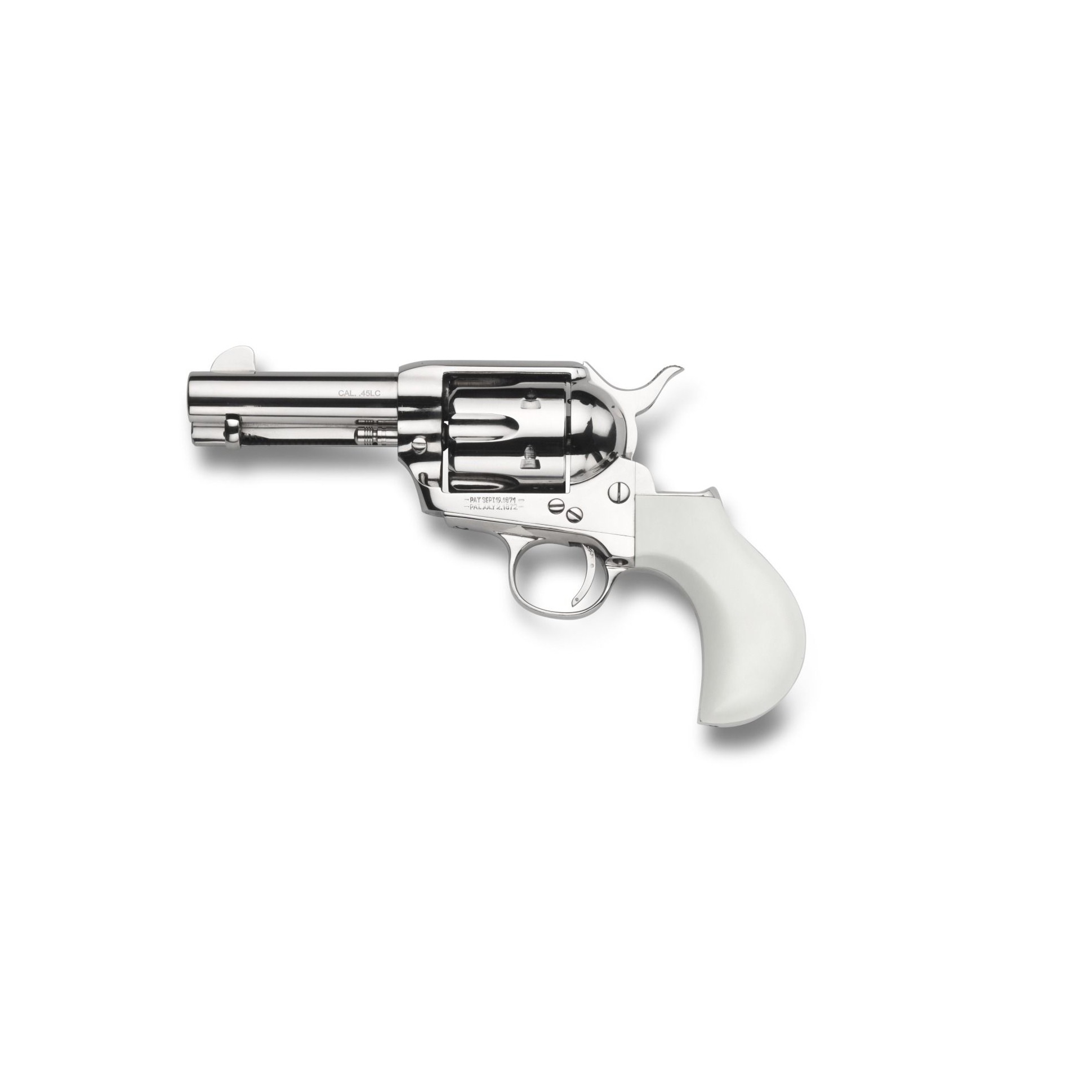 Taylors & Company 200111 1873 Flat Top Pietta 9mm Luger 6 Shot 3.50” Nickel Round Barrel, Cylinder & Steel Frame, PVC White Flat Birdshead Grip, Exposed Hammer